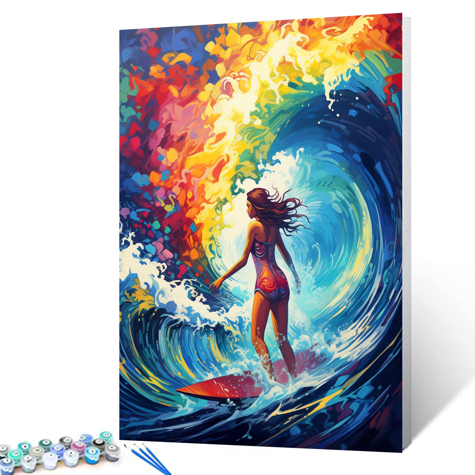Sexy Surfing Girl DIY Paint by Numbers,Graffitic Extreme Sports Canvas Oil Painting Kit for Kids &amp; Adults,16x20Inches Acrylic Pigment, Women in Bikini Paintwork for Home Living Room（Frameless）