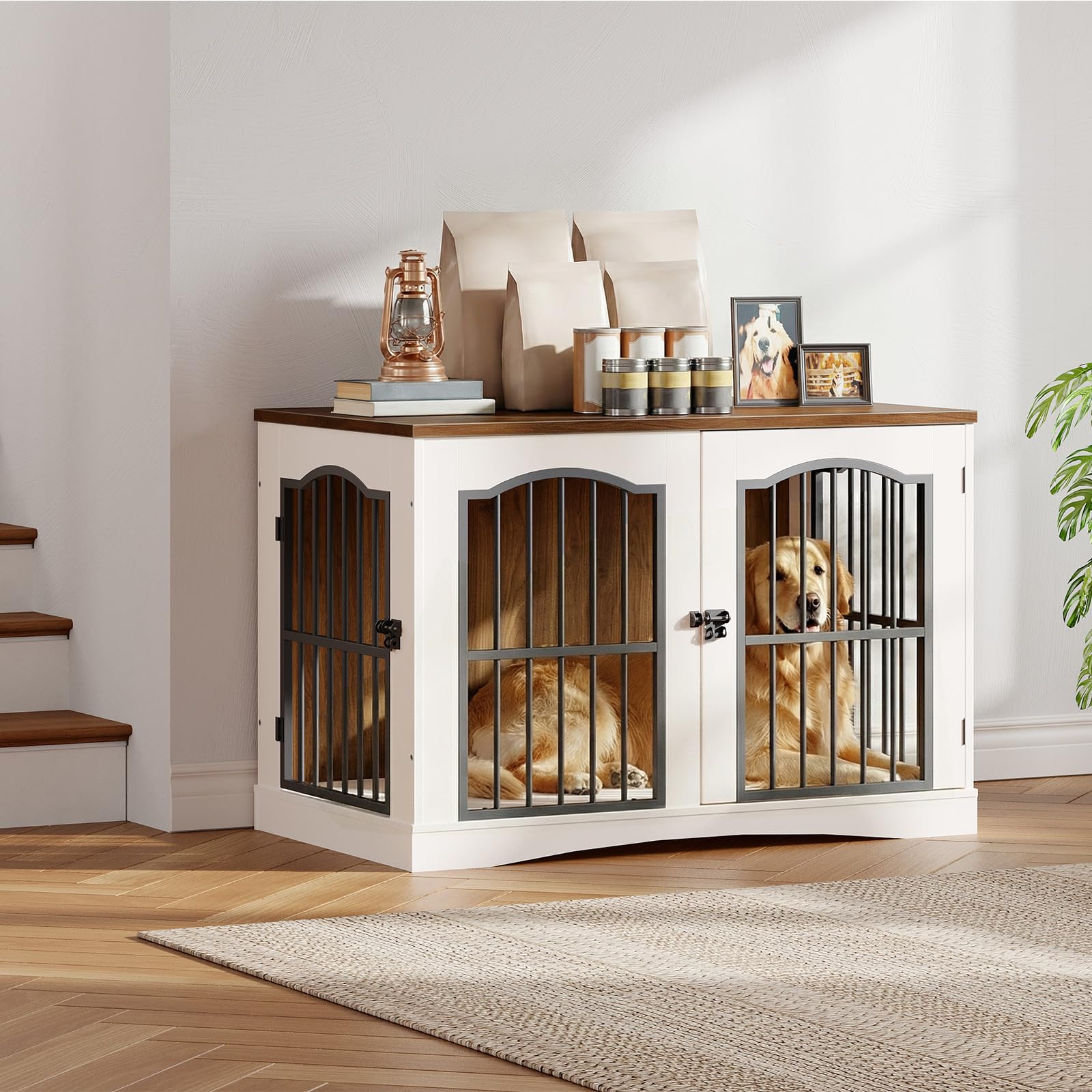 HOOBRO Mobili Gabbia per Cani con 3 Porte, Cuccia Moderna per Cani Interno, Kennel Cane Medio Pesante, Casetta per Animali per Soggiorno Camera Sottoscala, Bianco e Noce EWH66GW03