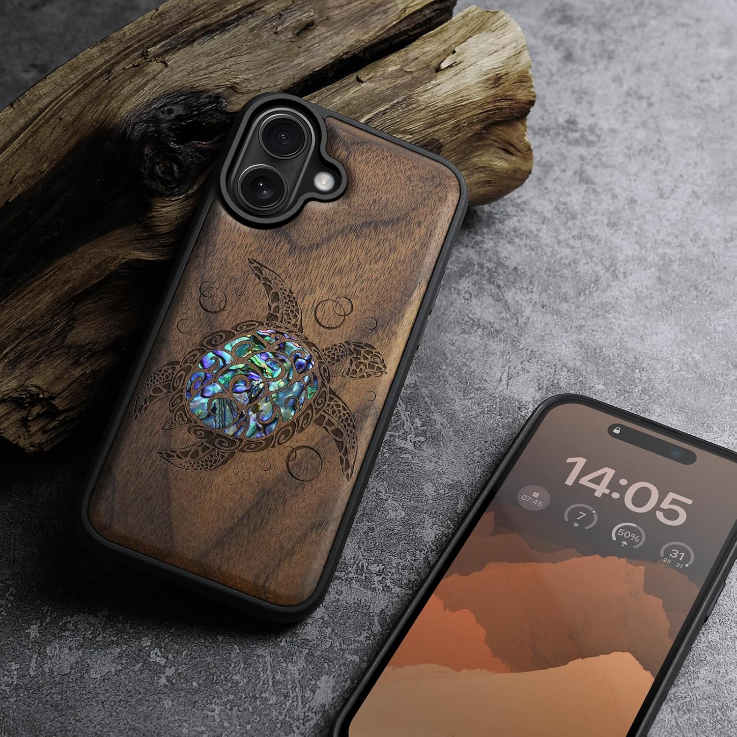 Carveit Magnetic Case for iPhone 16 Plus Case, Wood Artisan Engraved & Handmade Shell Inlaid, TPU Shockproof Cover, Compatible with MagSafe Wireless Chargers (Sea Turtle) Walnut
