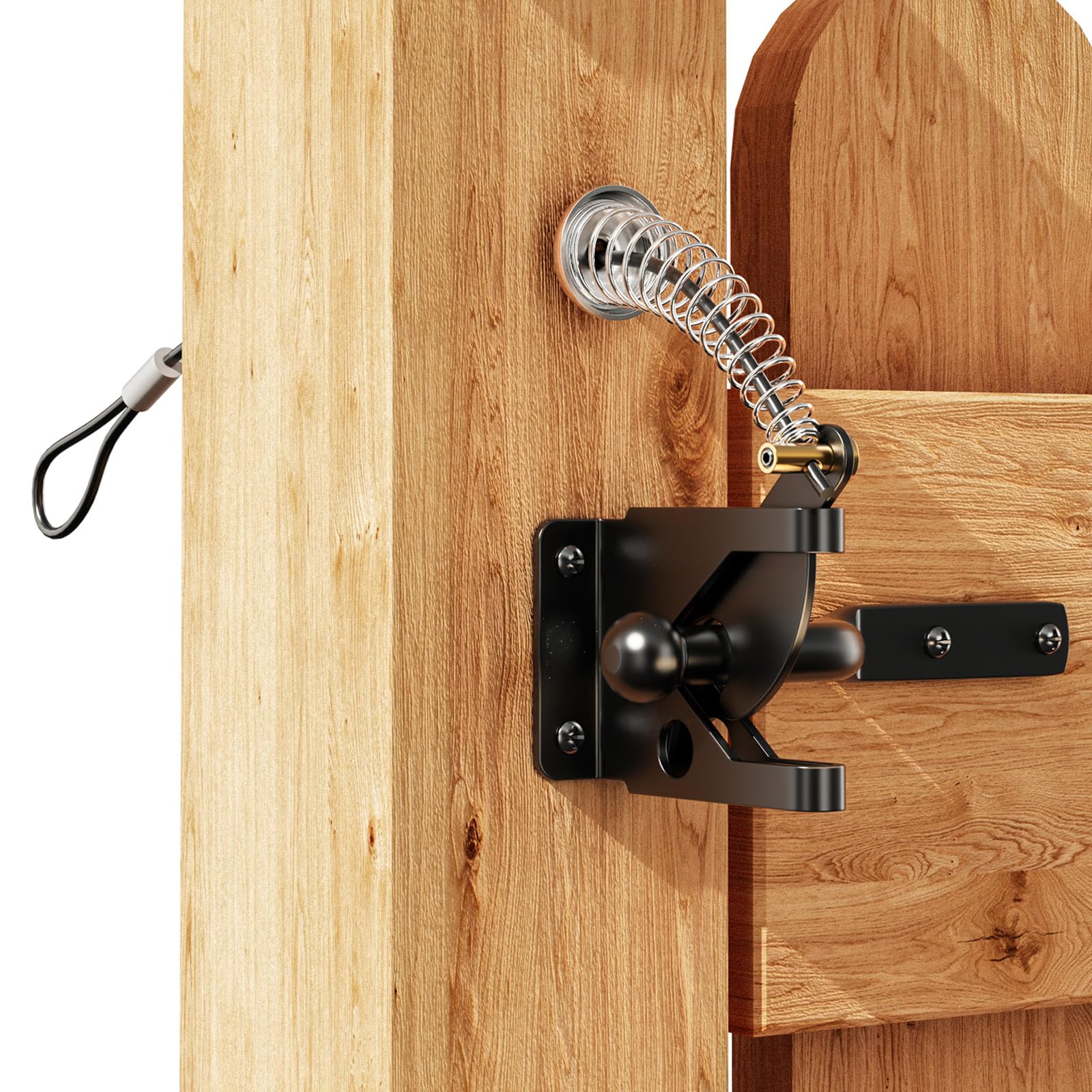 Weielt Self Locking Gate Latch for Wooden Gates Black Coated, Carbon Steel Adjustable Gate Latch Weather Protection with Spring Cable Pull for Metal Wooden Fences Gates Sheds (2, Black)