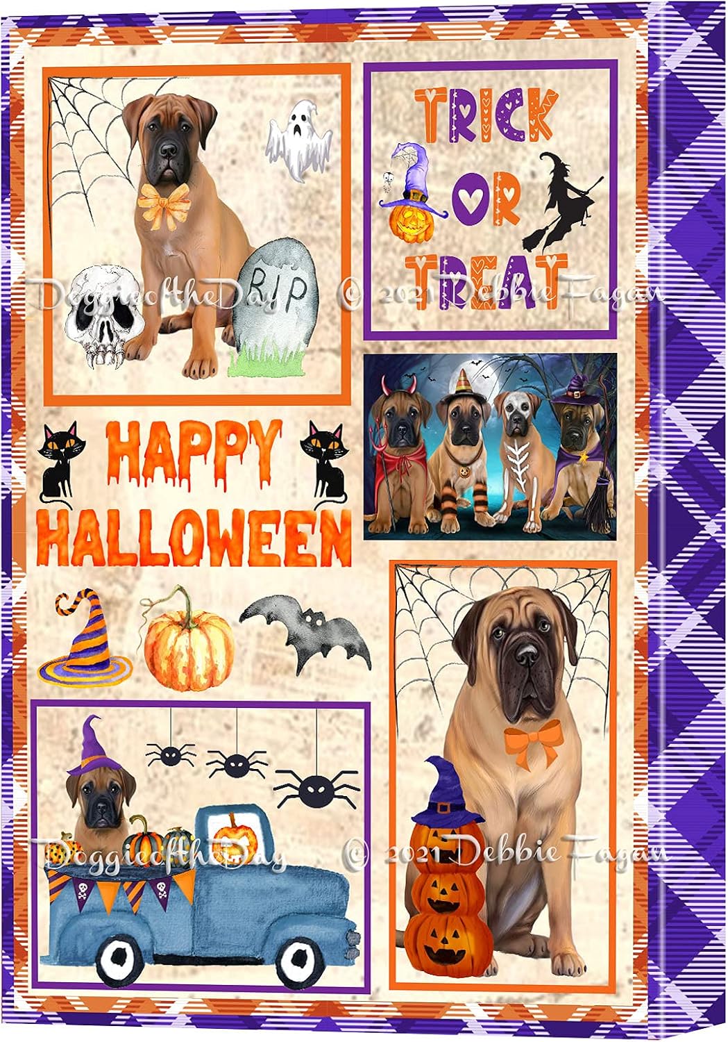 Doggie of the Day Happy Halloween Trick or Treat Bullmastiff Dogs Canvas Wall Art - Ready to Hang Room Decor Wall Art Canvas - Unique Animal Printed Digital Painting for Decoration, 11"x14"