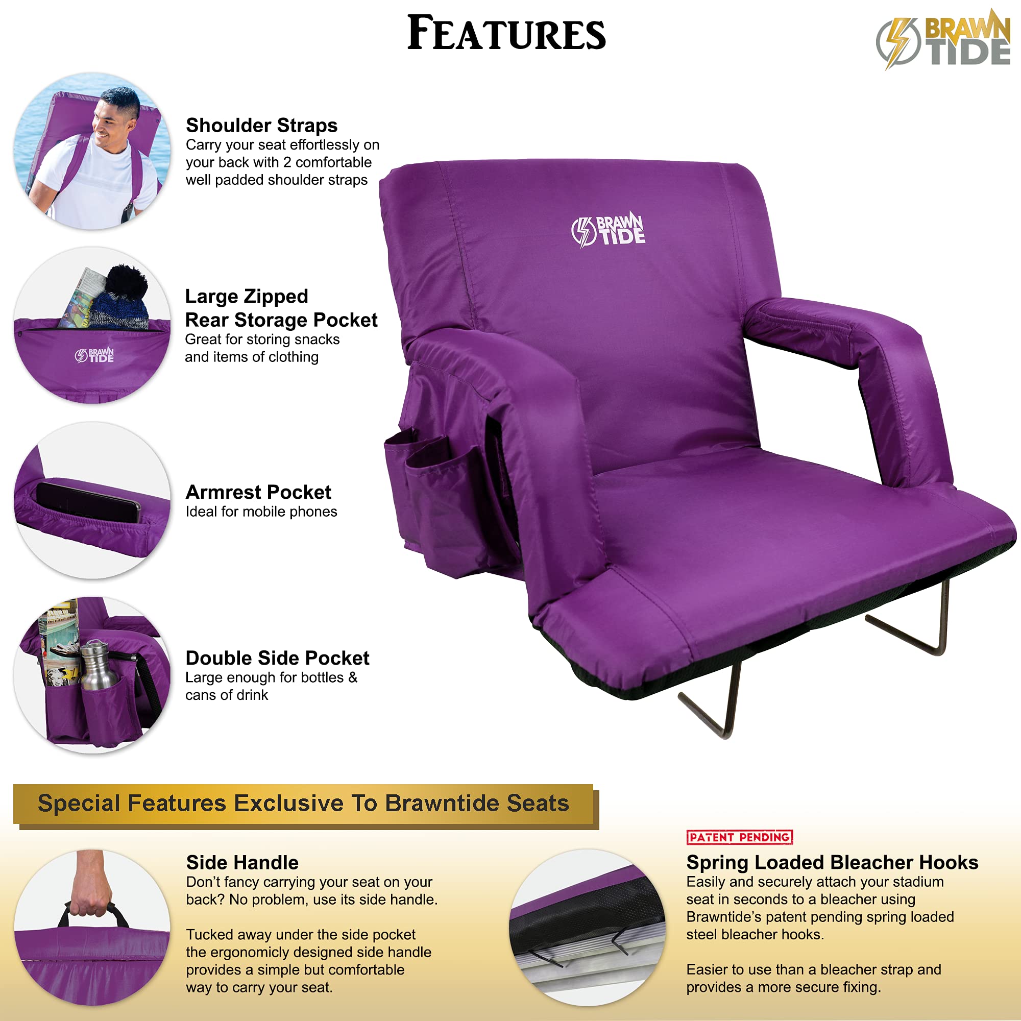 Brawntide Stadium Seat with Back Support Comfy Cushion, Thick Padding