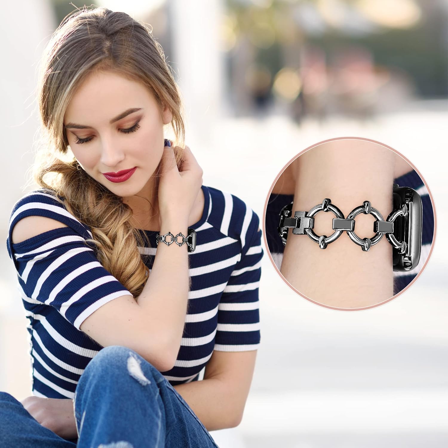 O-Shaped Metal Band for Apple Watch Band 46mm 45mm 44mm 49 42mm(S3) iWatch Series 11 10 9 8 7 6 SE 5 4 3 Ultra, Fancy Dressy Cute Slim Thin Bracelet for Apple Watch Bands for Women-Black - Image 6
