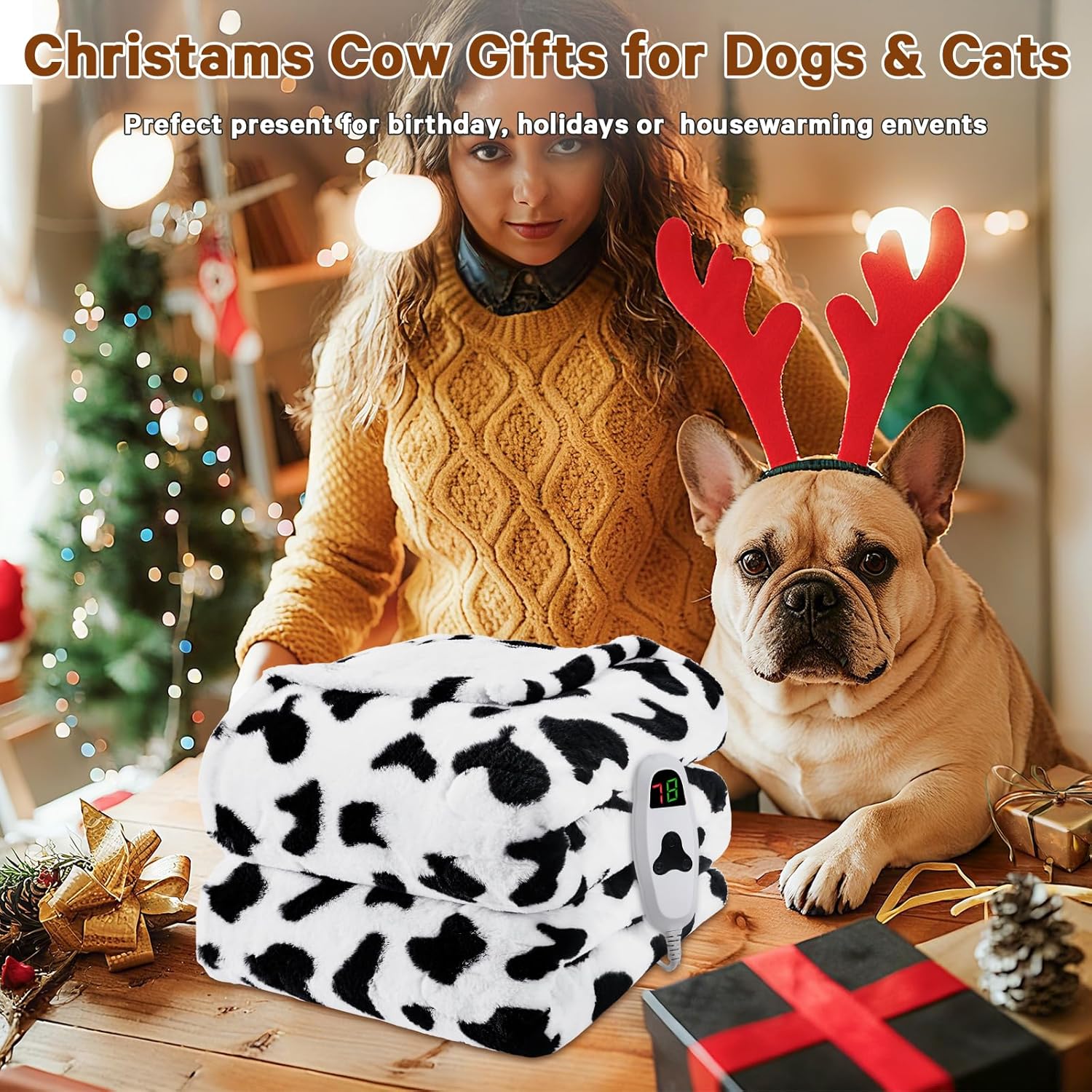 Black Heated Electric Blanket Throw,50X60 Cow Print Heating Blanket with 10 Heats Levels & 8 Hours Auto Off,Cute Cow Decor Stuff Soft Fleece Sherpa Blankets Warmer Gifts for Women Washable - Image 6