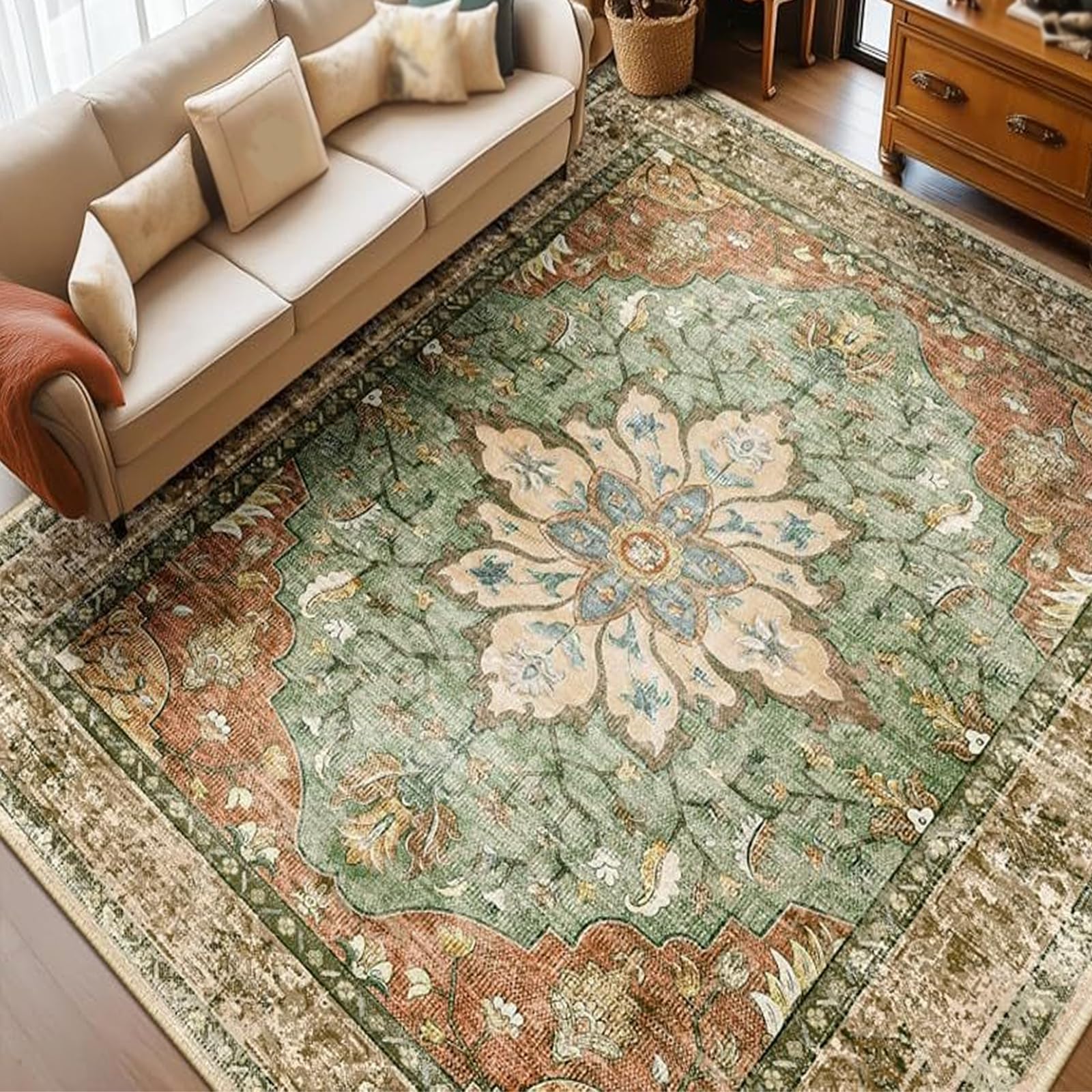 Tapis floral oriental rouge et orange 60x120 cm pour entrée chaleureuse
