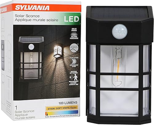 Sylvania 62407 - Farol solar cuadrado para montaje en pared con sensor PIR, LED y batería incluida, 100 lm, 2700 K, blanco suave, acabado plateado,