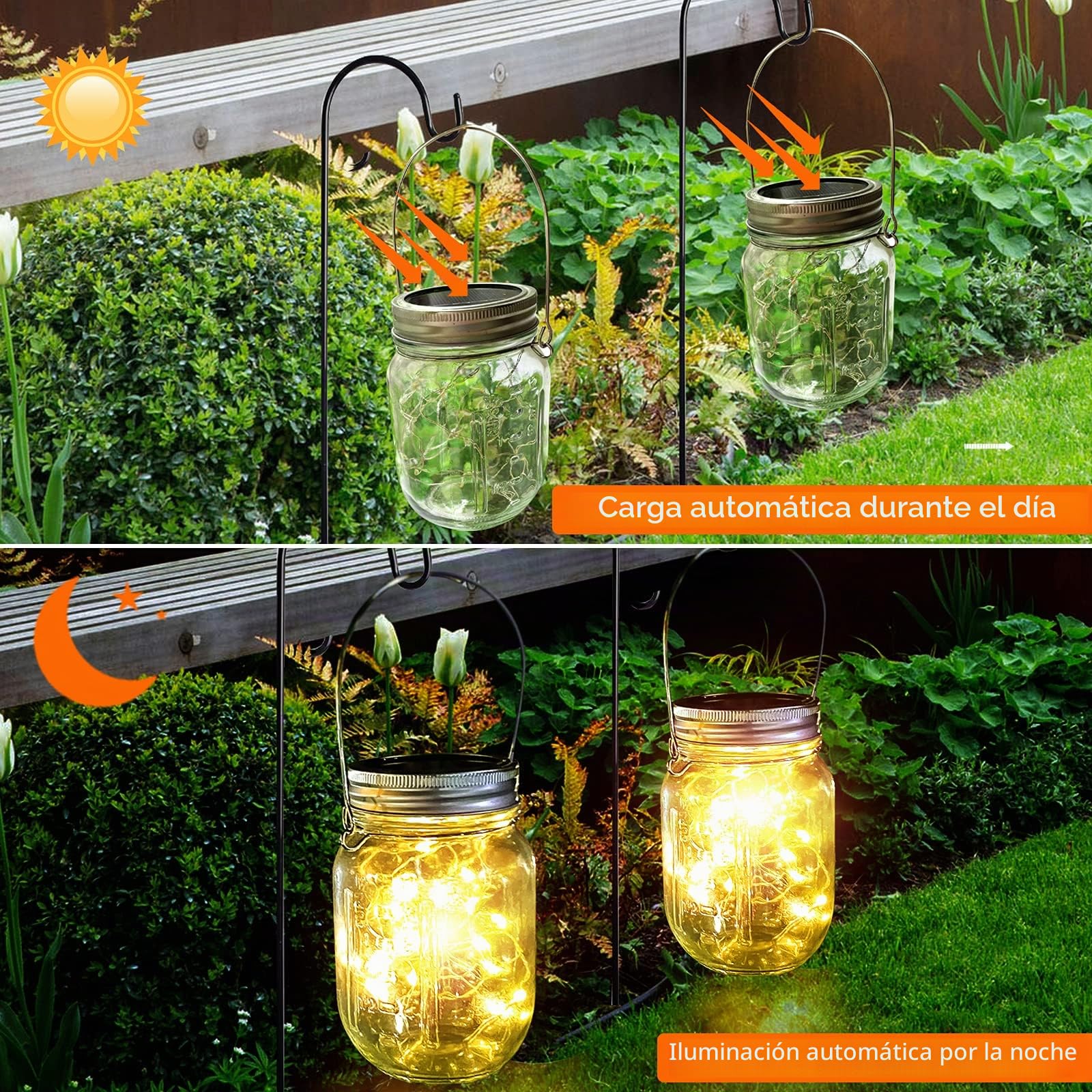 Farolillo solar exterior para jardín, [6 unidades] Solar luz conservas impermeable cadena de luces en vidrio decoración de jardín para exterior farol boda fiesta pared mesa árbol (blanco cálido)