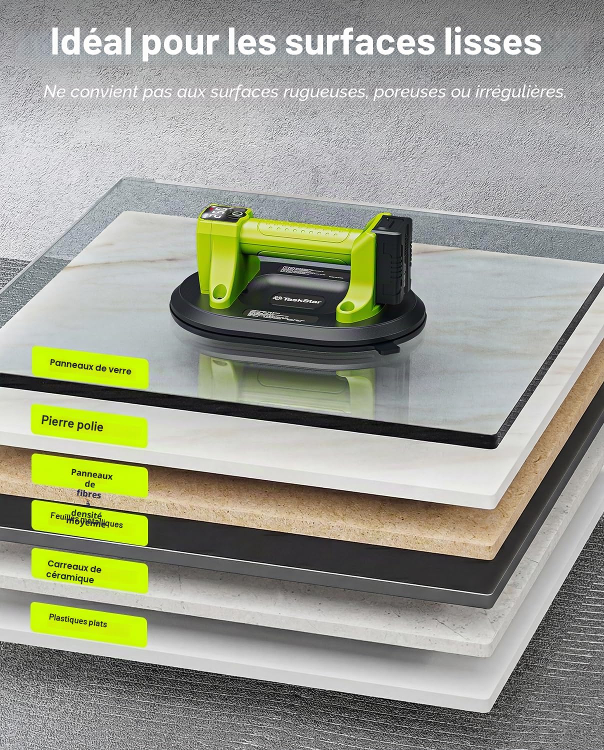 Taskstar Ventouse Carrelage Électrique: Ventouse Vitre sans Fil 25cm avec Capacité de Charge Verticale de 250 kg, Affichage LCD, 4X Batteries 3000mAh,Ventouse Pare Brise pour Verre, Carrelage, Granit