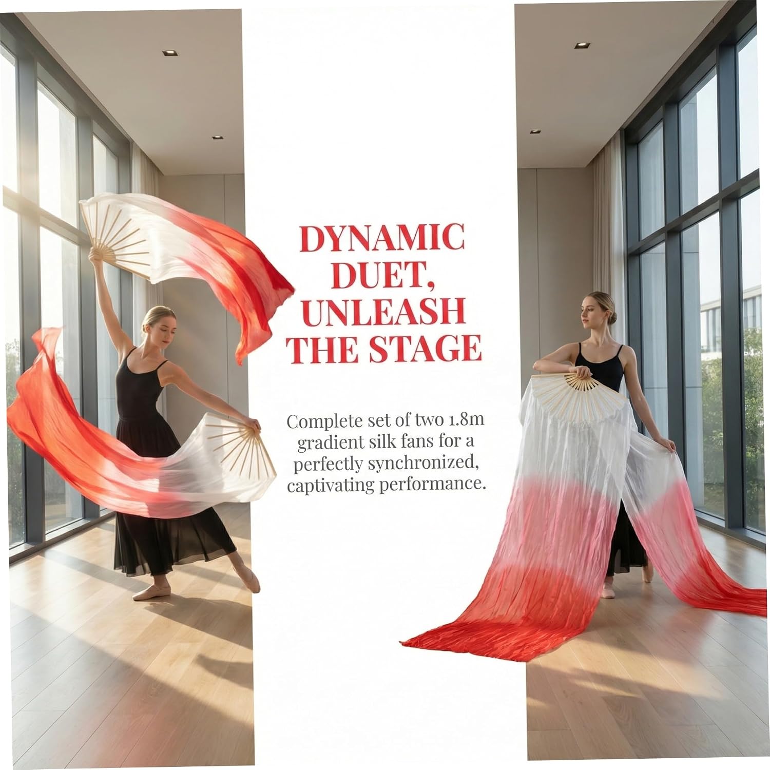 NOLITOY 2pcs Gradient Color Long Silk Dance Fans Handheld Flowing Fabric Belly Dance Fan Veils for Performance and Outdoor Use
