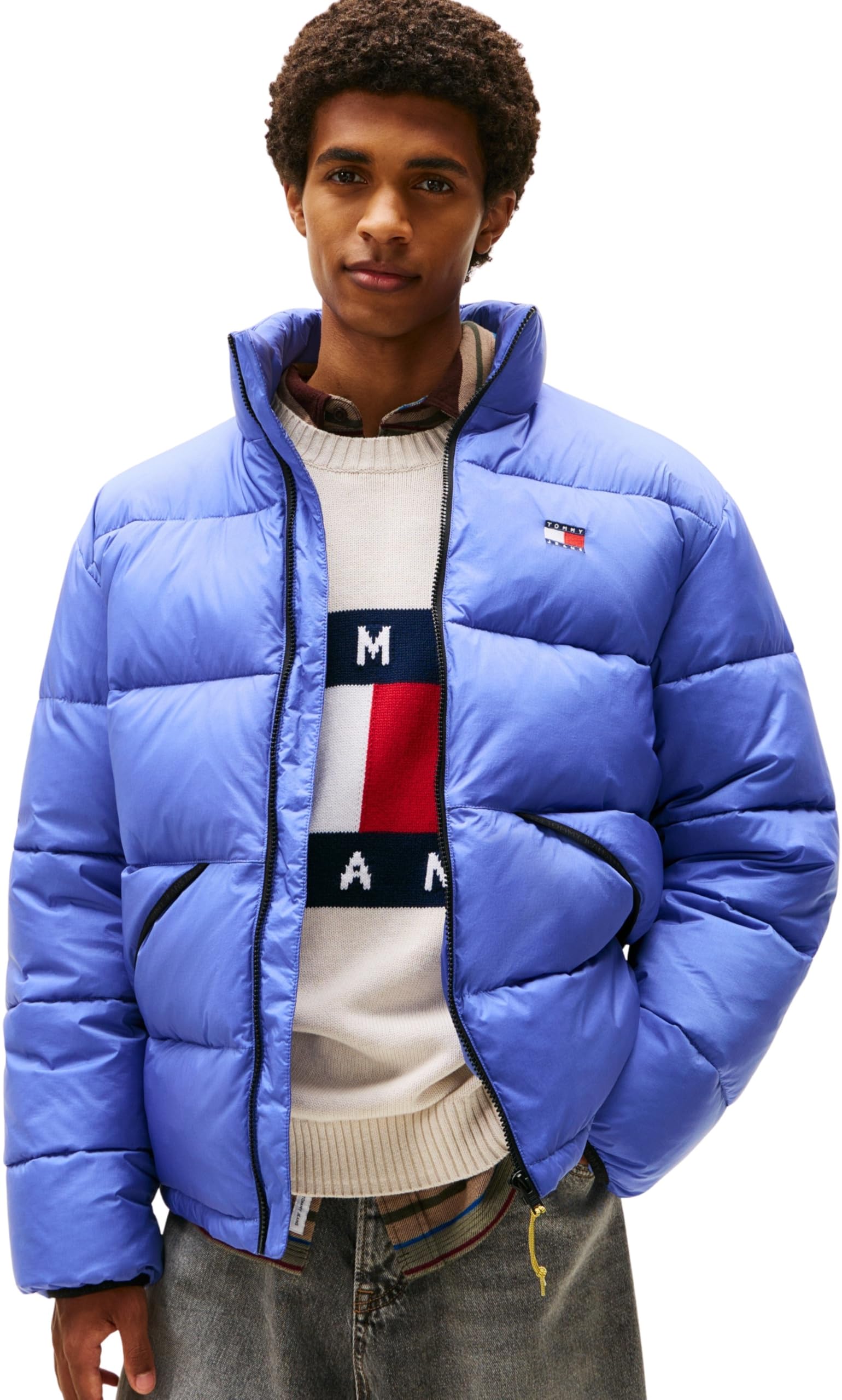 Tommy Jeans Men’s Vail Puffer Jacket with Stand Collar, Blue (Soft Sapphire), XL