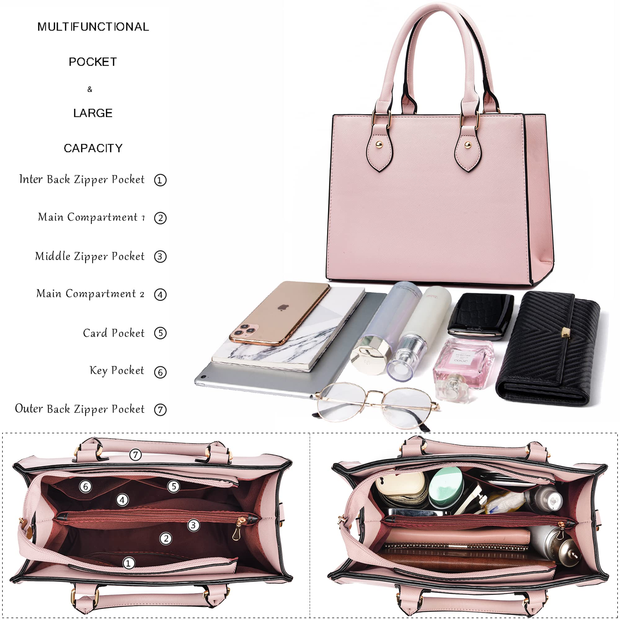 CHICAROUSAL Crossbody Purses and Handbags for Women PU Leather Tote Top Handle Satchel Shoulder Bags: Light Pink