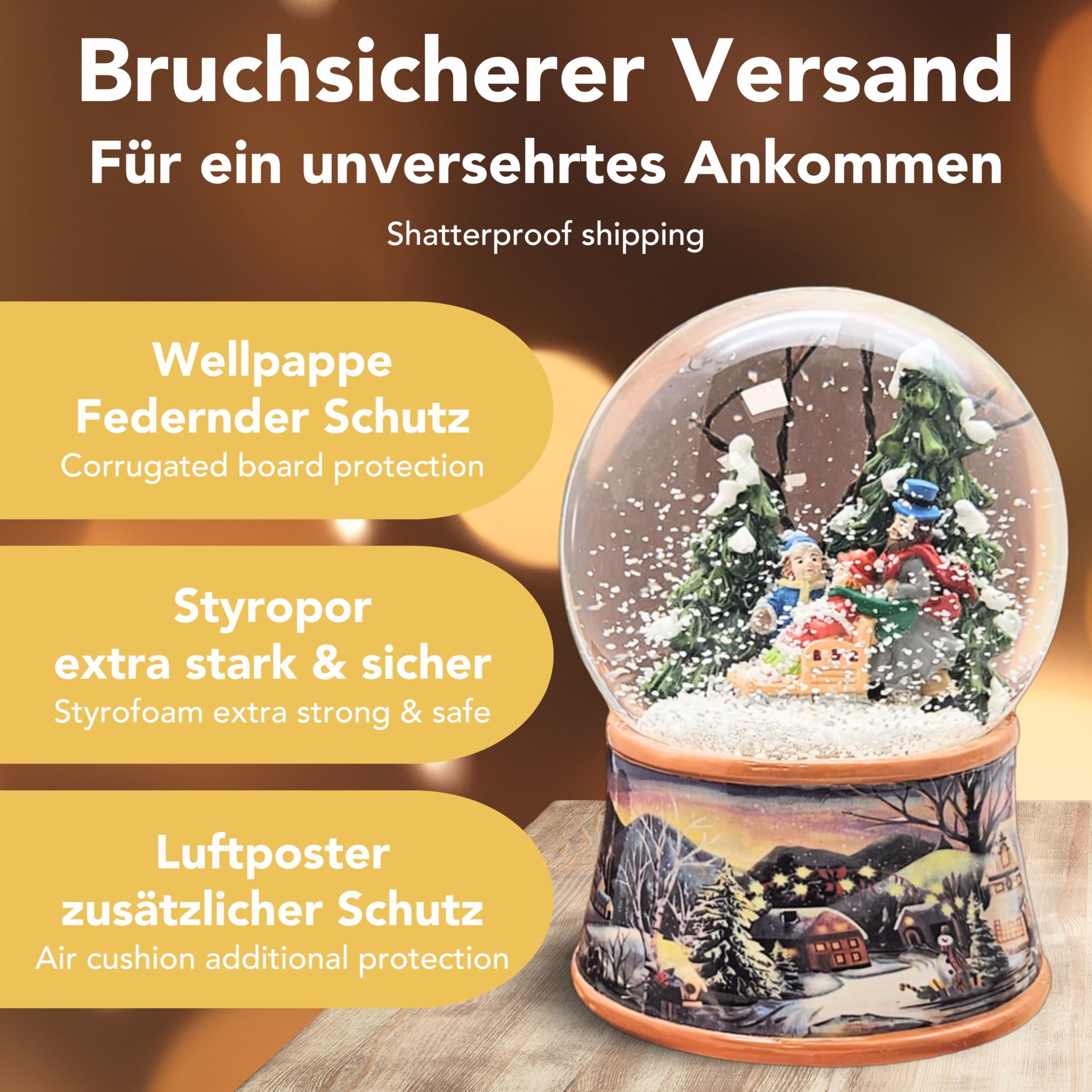 Boule à neige de Noël avec musique - Promenade d'hiver en famille et traîneau - Socle paysage d'hiver ocre - Hauteur : 14 cm - Largeur : 10 cm - Boule à secouer Noël et hiver avec boîte à musique