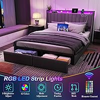 Vista 4 de Base de cama tamaño Queen con 2 cajones de almacenamiento, base de cama con plataforma tamaño Queen con luz LED, cabecera tapizada, estación