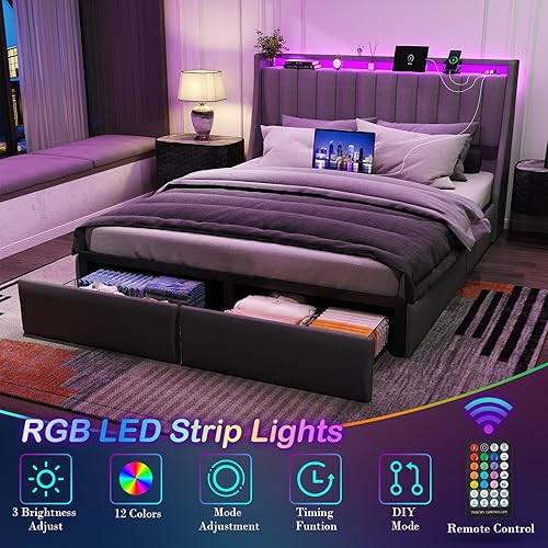 Miniatura 4 de Base de cama tamaño Queen con 2 cajones de almacenamiento, base de cama con plataforma tamaño Queen con luz LED, cabecera tapizada, estación de
