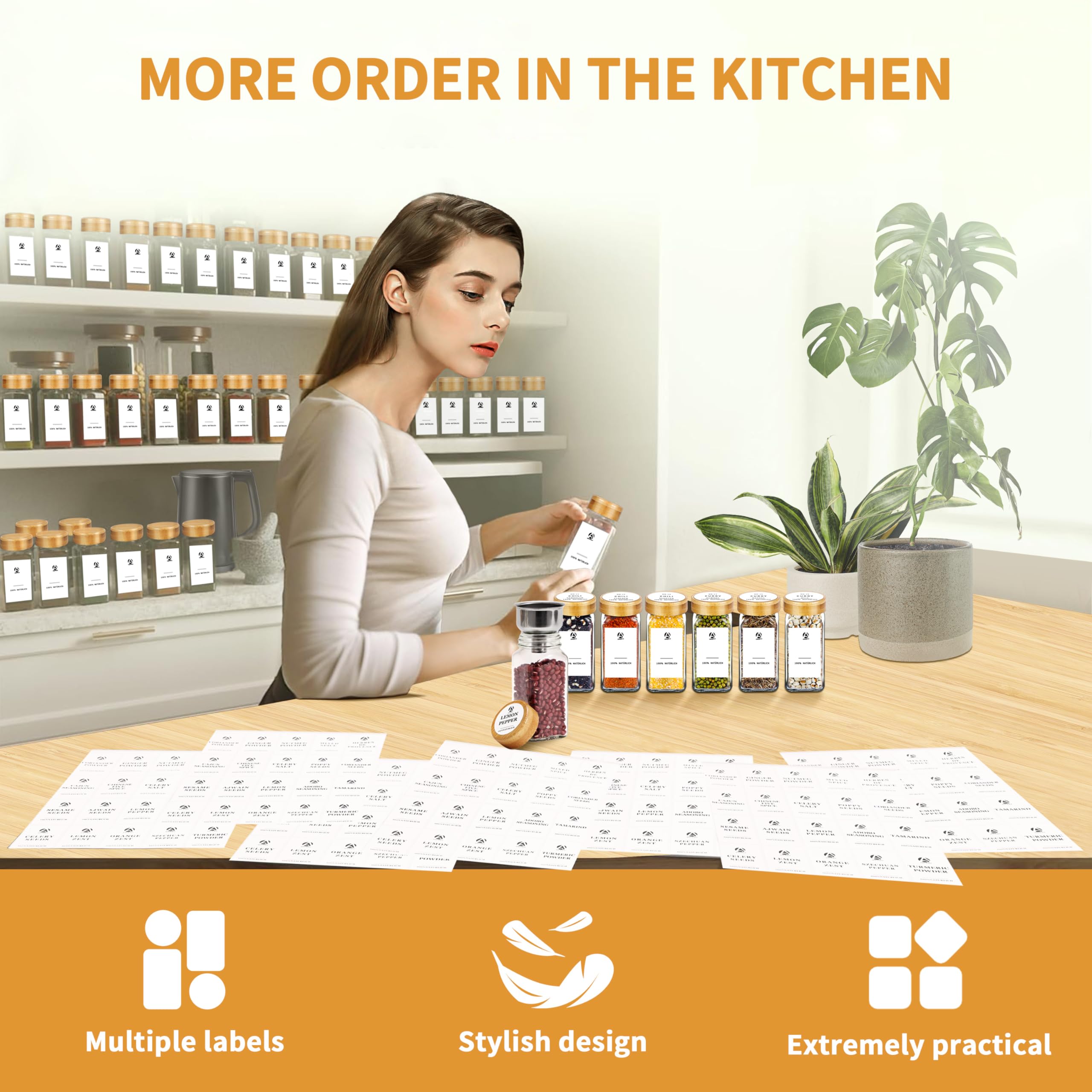 Juego de 24 tarros de especias con tapa de bambú, juego de almacenamiento de contenedores cuadrados de especias de 120 ml, viene con embudo grande, etiqueta adhesiva única impermeable para