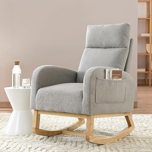 Miniatura 4 de Mecedora para guardería, silla mecedora tapizada de tela de peluche, cómoda silla con brazo decorativo con bolsillos laterales y patas de madera