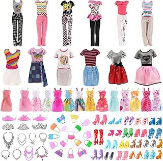 41 Pcs Dolls Clothes and Accessories Set, 4 Pcs Fashion Dresses, 5 Pcs Halter Dresses, 6 Pcs Crowns, 6 Pcs Necklaces, 10 Pcs Handbags and 10 Shoes for 11.5 inch Doll Girls Gift