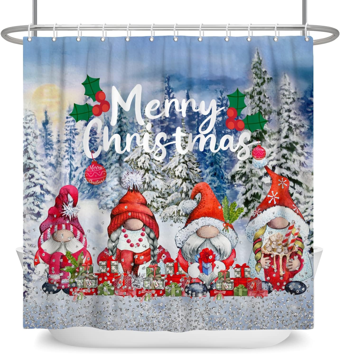 72x72 Inch Merry Christmas Gnomes Shower Curtains for Bathroom Decor