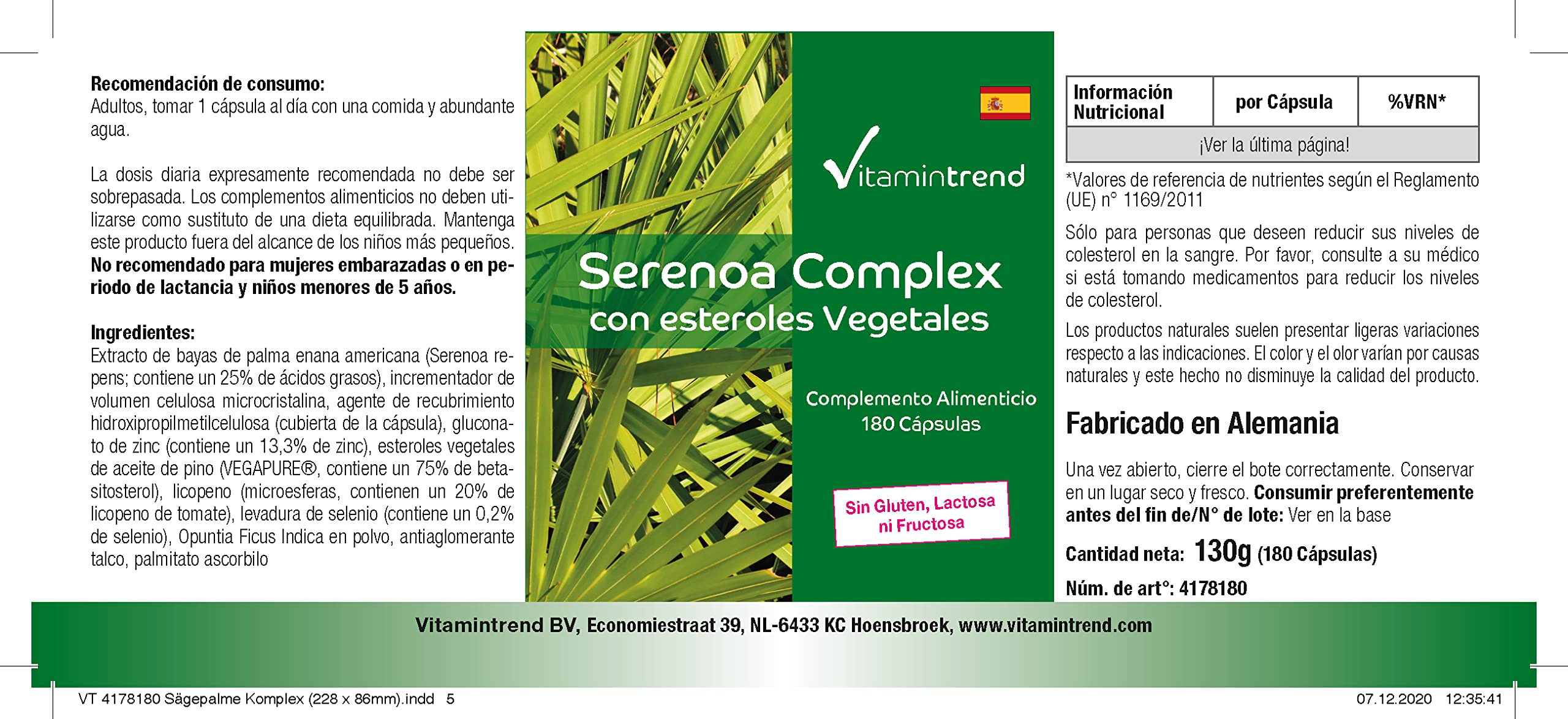Vitamintrend Complexe de palmier nain avec stérols végétaux, 180 gélules, complément alimentaire vegan sans stéarate de magnésium, fabriqué en Allemagne