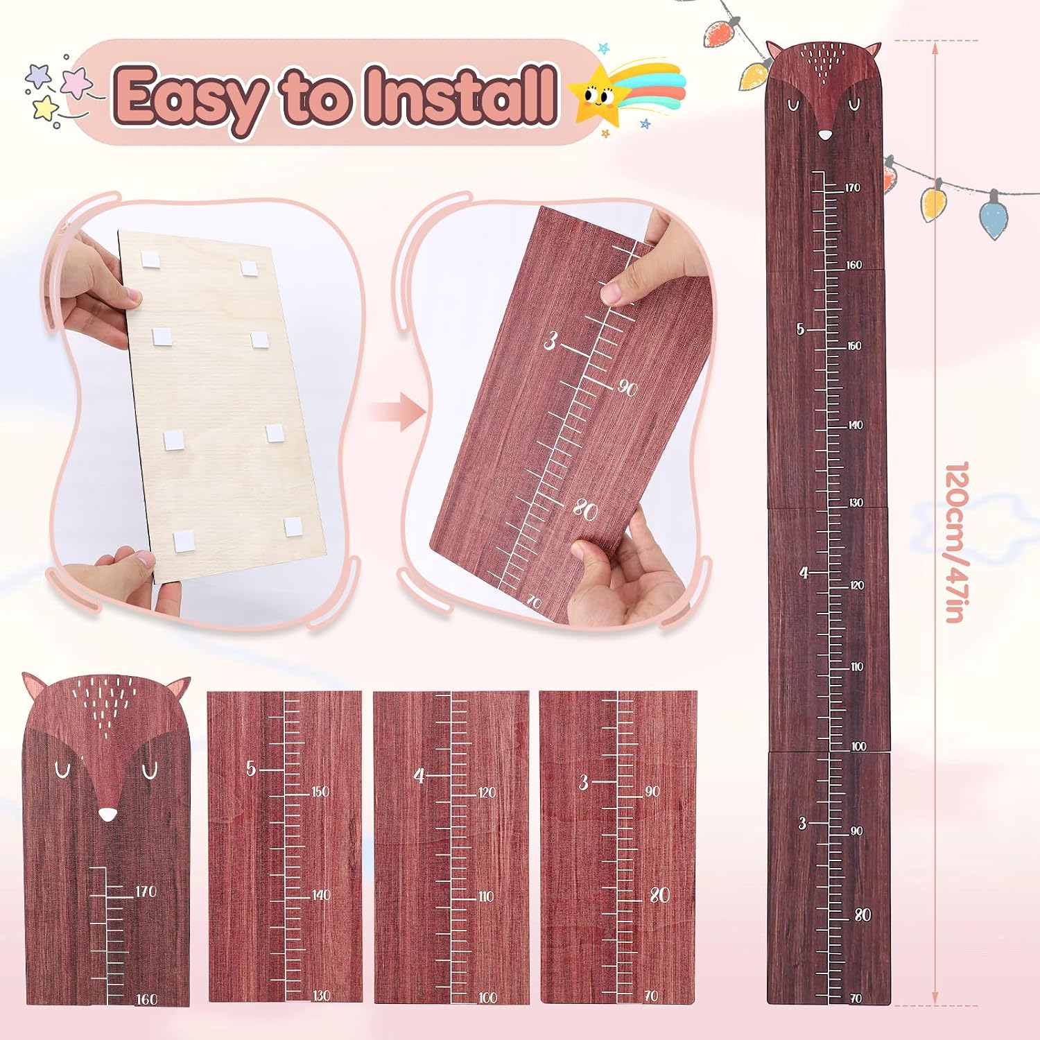 Height Chart for Kids, Wooden Wall Height Chart for Children, Height Measurement for Wall, Height Ruler Measurement Growth Chart with Foam Tape for Kids Room Nursery Wall Decor (Fox)