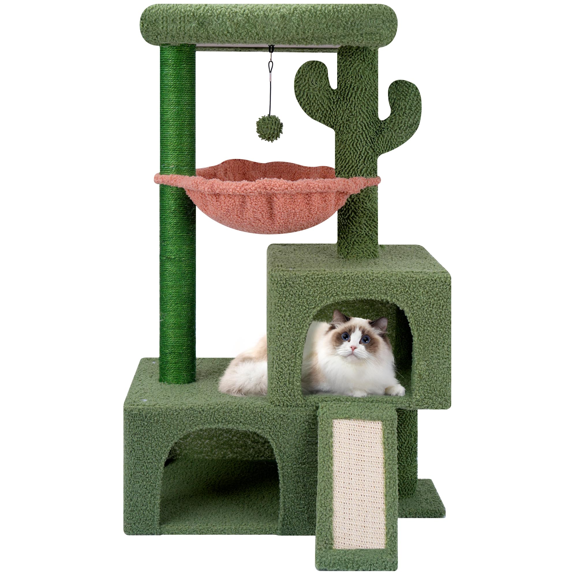 Roypet キャットタワー 猫タワー 据え置き ハンモック 隠れ家 猫ハウス 省スペース 爪とぎ 麻縄巻き 安定 95CM高さ おもちゃつき (グリーン)