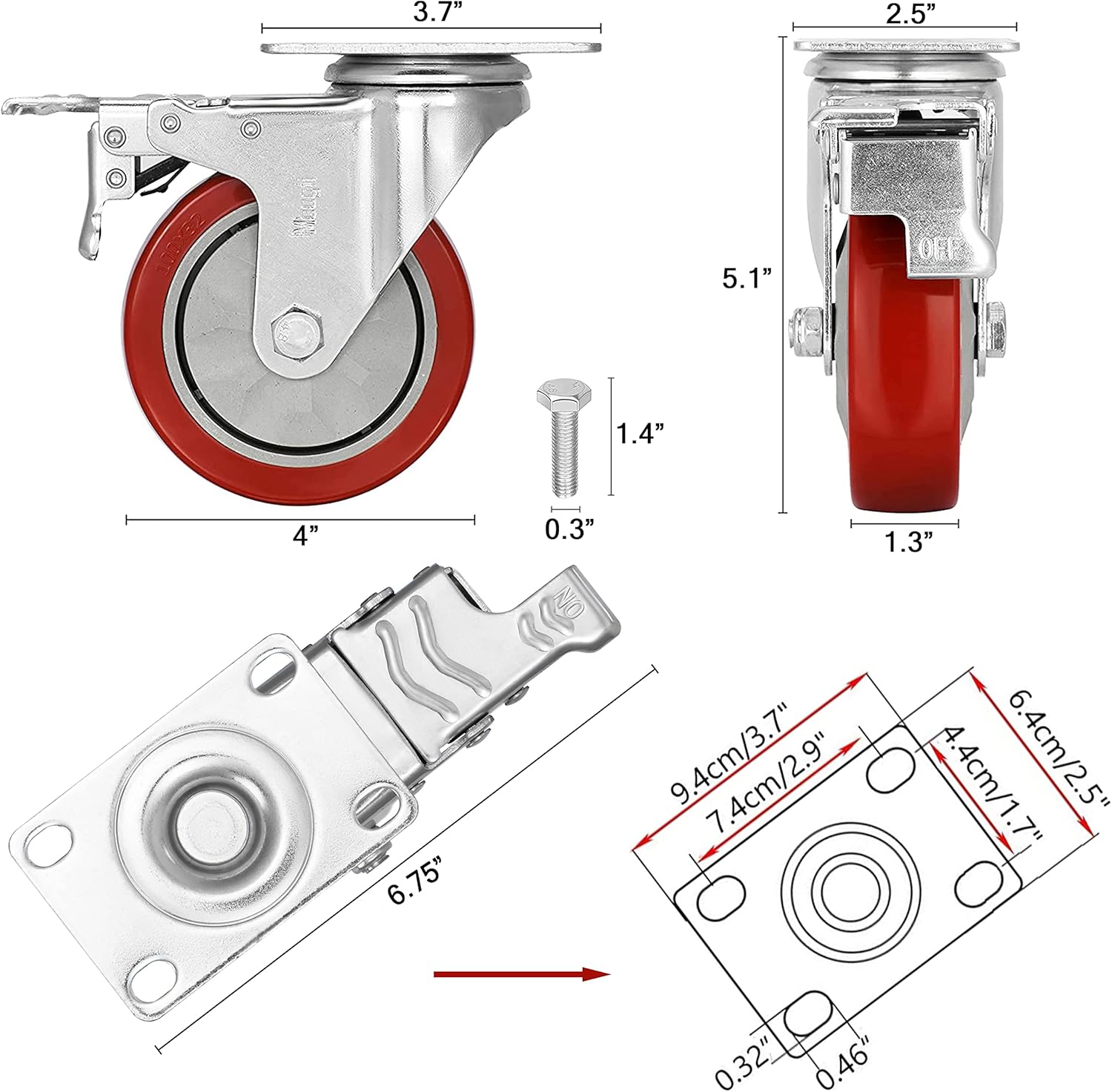 4 inch Heavy Duty Casters Load 1800lbs,Lockable Bearing Caster Wheels with Brakes,Swivel Casters for Furniture and Workbench，Set of 4 (Free Screws)