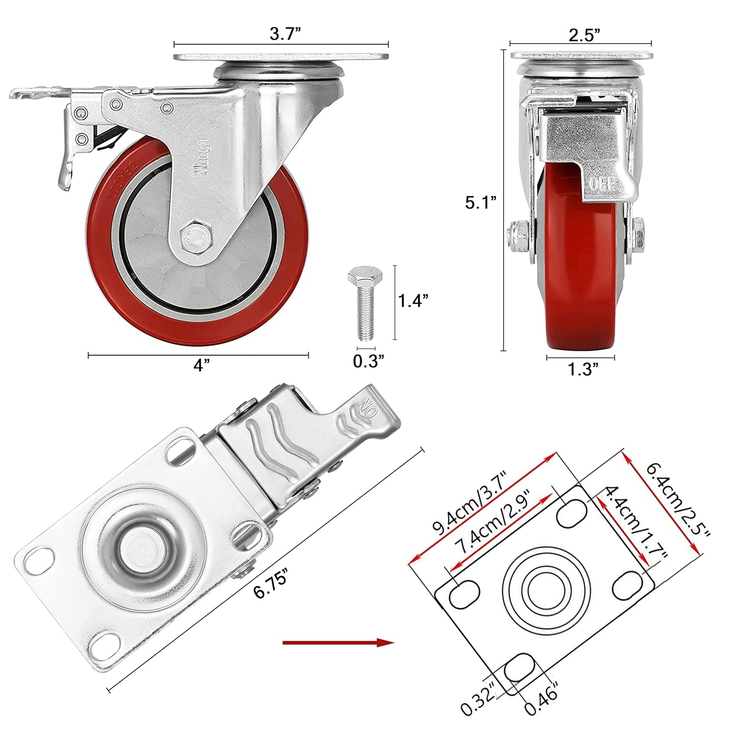 4 inch Heavy Duty Casters Load 1800lbs,Lockable Bearing Caster Wheels with Brakes,Swivel Casters for Furniture and Workbench，Set of 4 (Free Screws)