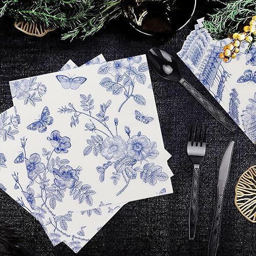 Miniatura 4 de Paquete de 40 servilletas florales azules y blancas – Servilletas de papel de postre elegantes para fiesta de té, baby shower, suministros de fiesta