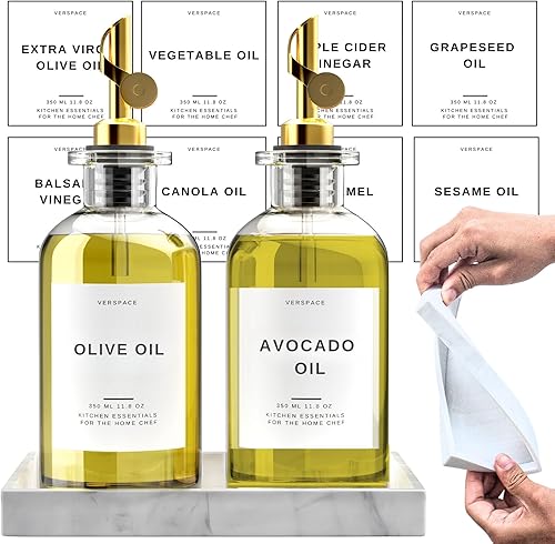 Botella dispensadora de aceite de oliva para cocina con bandeja de silicona y 40 etiquetas, dispensador de salsa de soja, dispensador de jarabe de