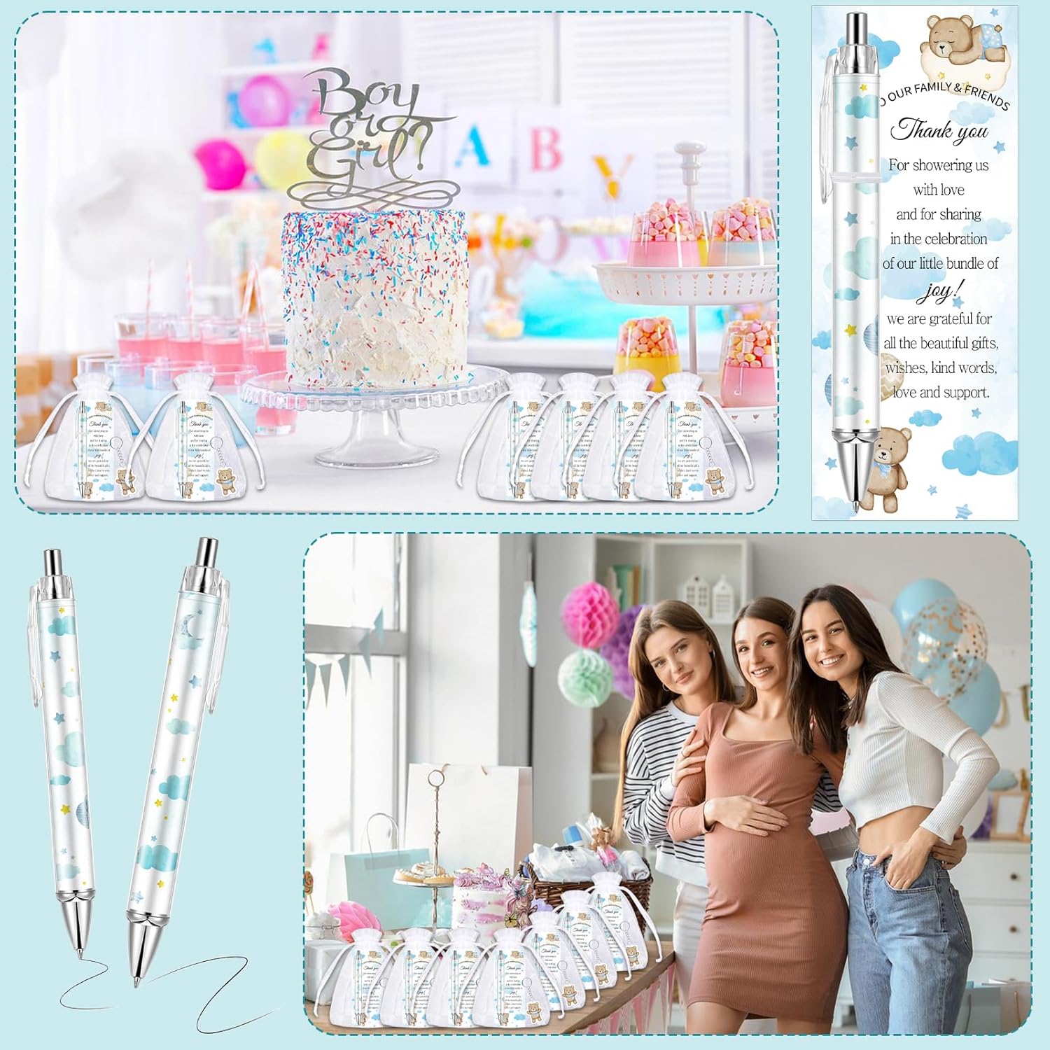 145Pcs Baby Shower Favors for Guest Blue Bear Ballpoint Pens Retractable Baby Shower Pens with Greeting Thank You Cards Keychains Organza Bags for Gender Reveal Souvenirs Prizes Return Gifts