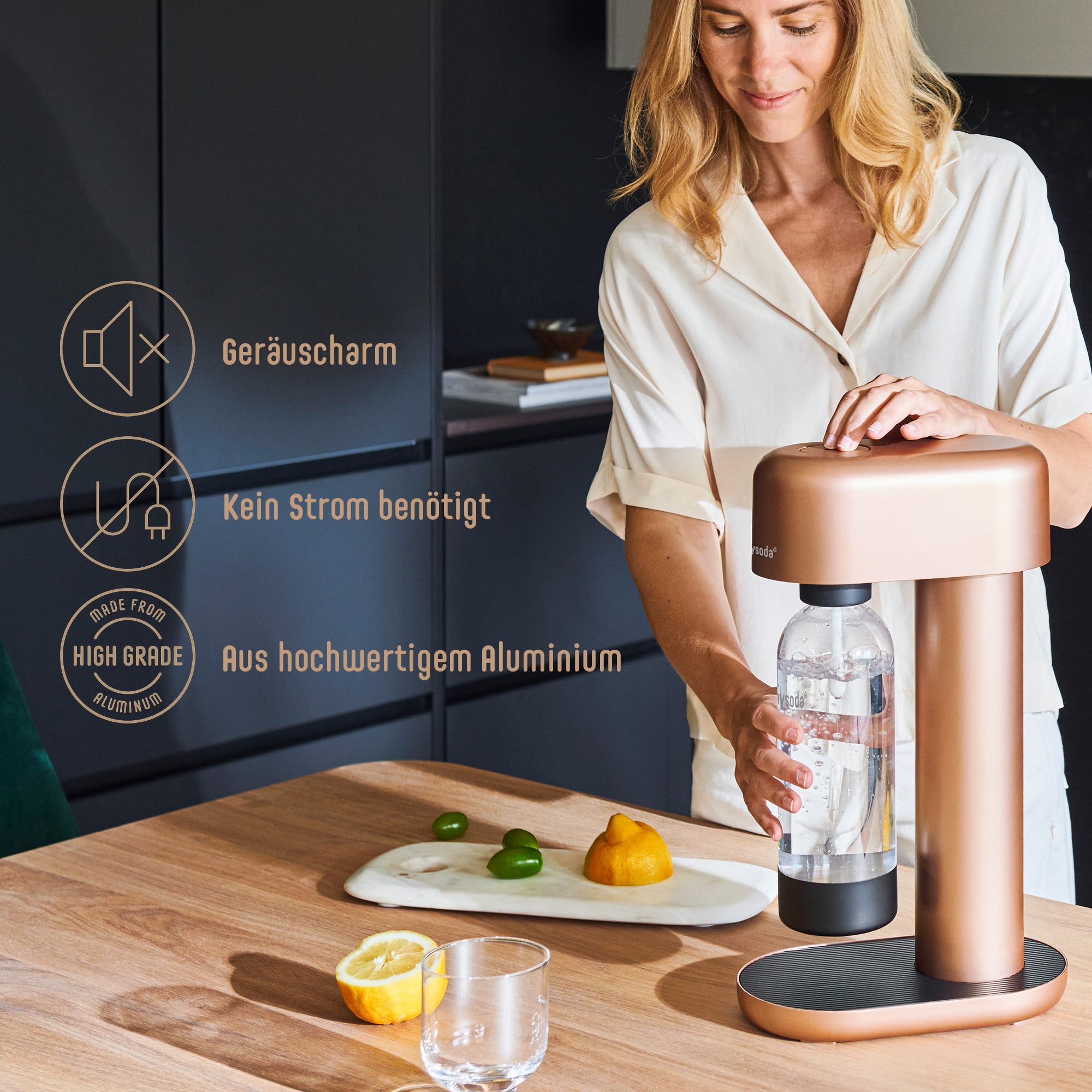 Mysoda: Ruby Set – Aireador de aluminio con 1 L y 0,5 L Quick-Lock, botella de plástico sin BPA y cilindro de CO2 – cobre