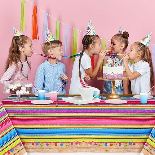 Miniatura 7 de Hosuly 6 manteles de fiesta mexicana de 54 x 108 pulgadas, mantel de plástico a rayas para decoración de fiesta mexicana, cubierta de mesa mexicana,