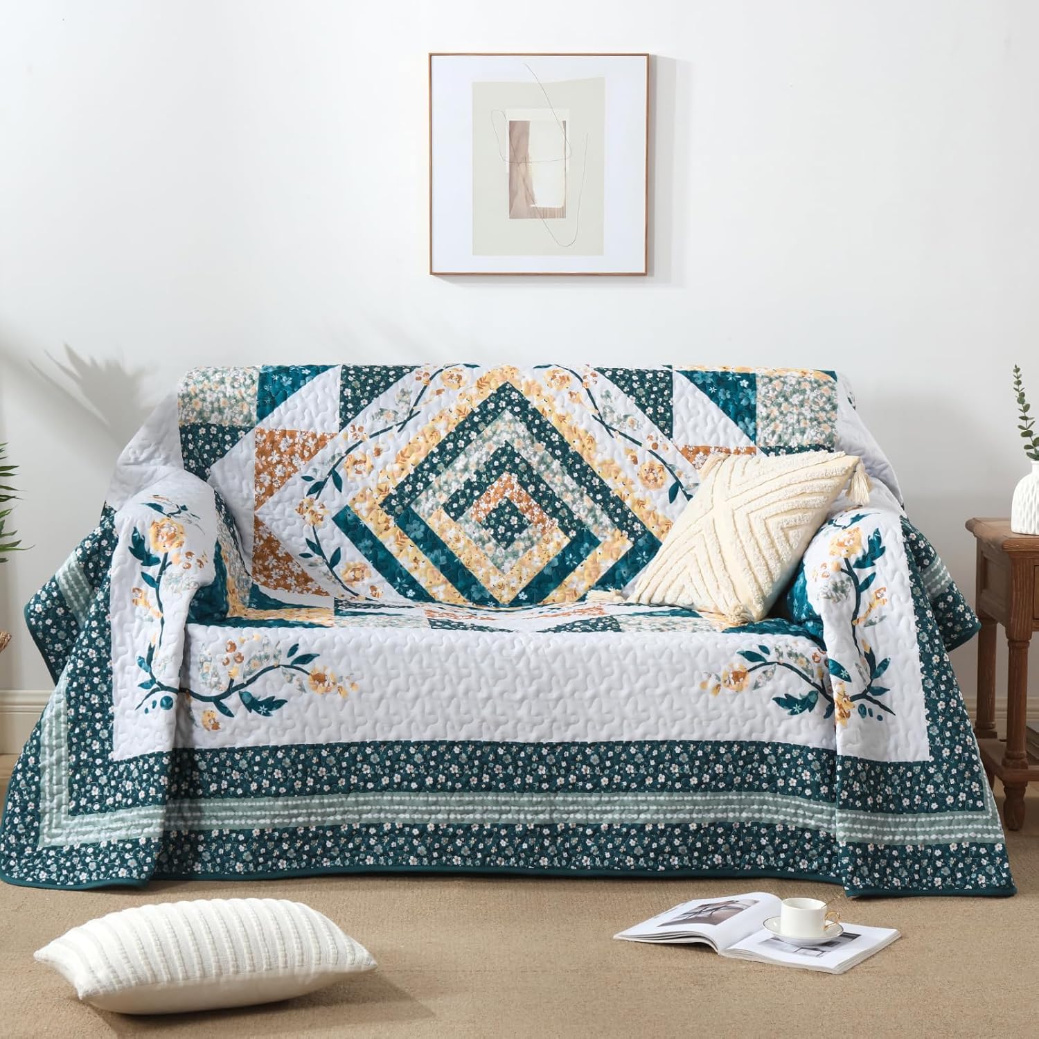 Dobuyly King Quilt Bedding Set,Vintage Floral Patchwork King Bedspread Teal Lightweight Coverlet Bedding Set with 2 Pillow Shams 110"x90"