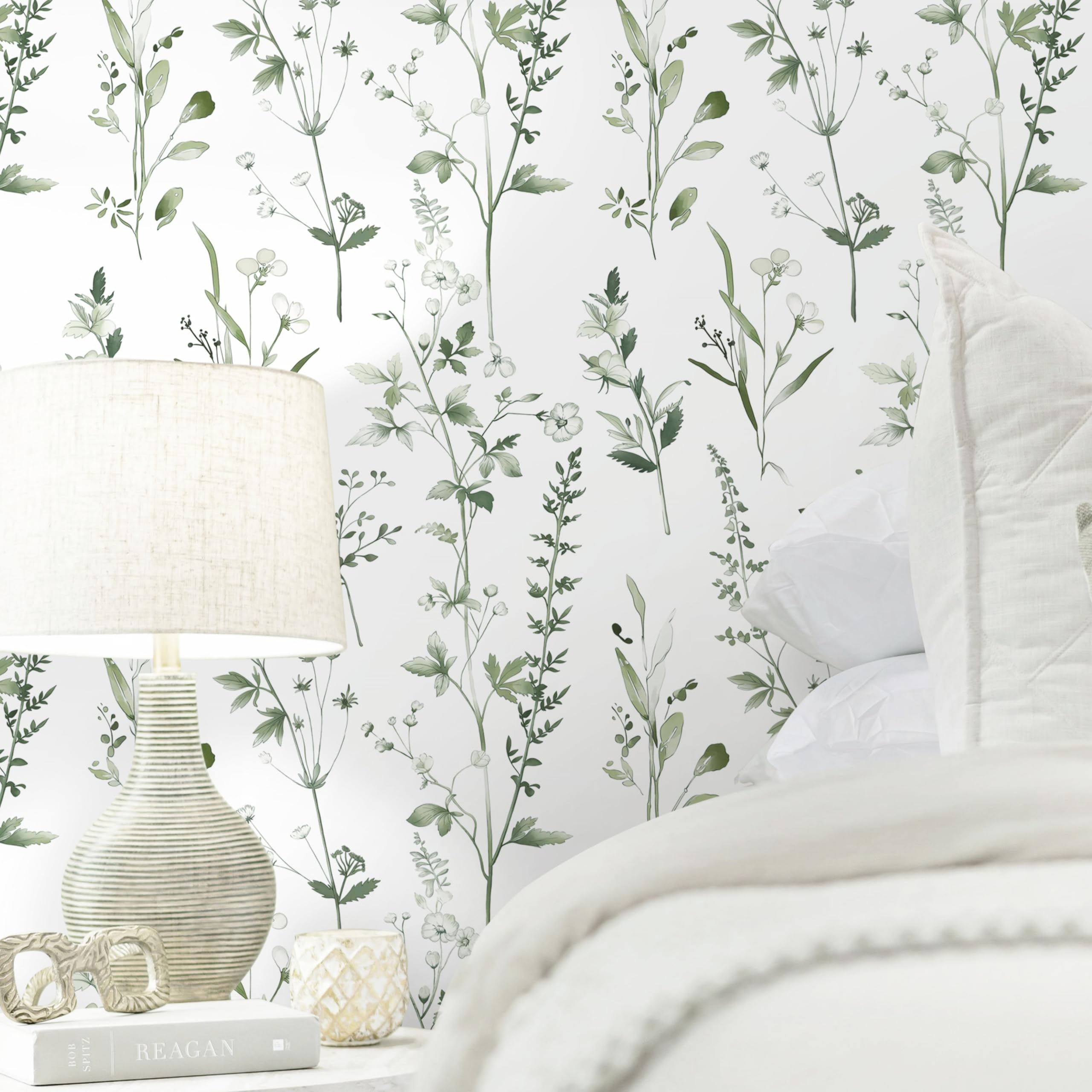 Papier peint autocollant pour chambre à coucher motif feuilles vertes bohème
