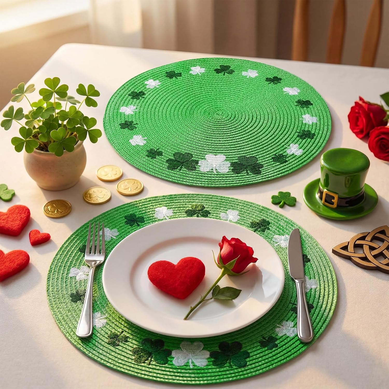 Remerry St. Patrick's Day Placemats Set of 6 Shamrock Embroidered Round Placemats Round Braided Place Mats Green Clover Dinner Table Mats for Home Spring Irish Holiday Kitchen Dining Party Decoration