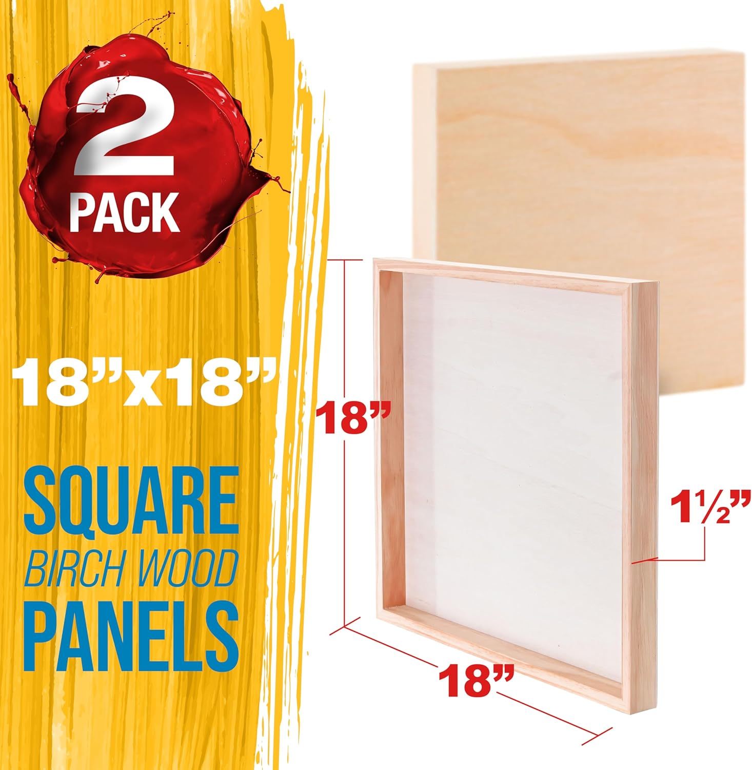 U.S. Art Supply 18" x 18" Unfinished Cradled Wood Panels for Painting, Gallery 1-1/2" Deep (2 Pack) - Artist Depth Wooden Wall Canvases - Mixed-Media Craft, Acrylic, Oil, Encaustic, Paint Pouring