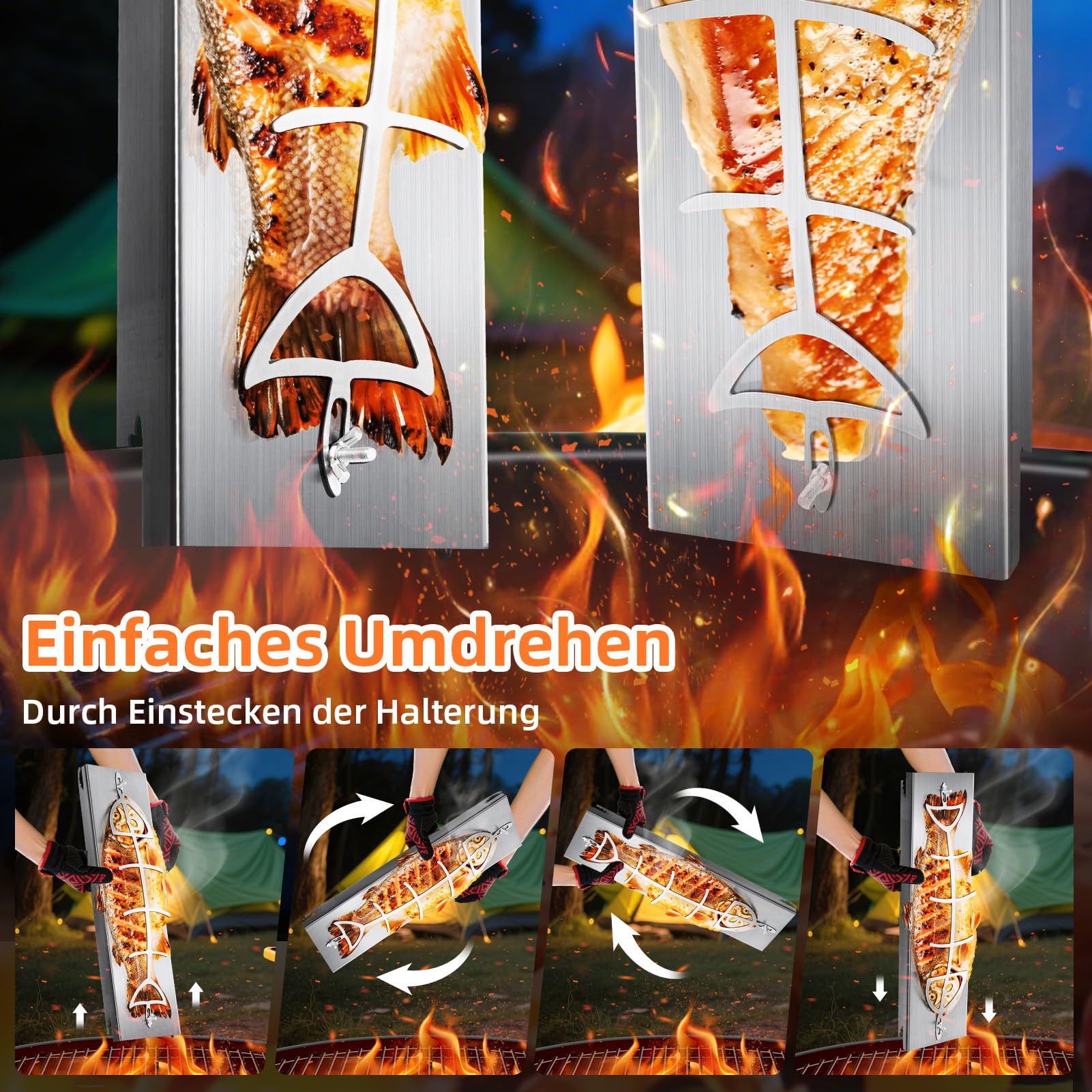 Flammlachsbrett Lachsbrett aus Edelstahl für Feuerschale und Kugelgrill Grill Feuerstelle Feuerschalen | Flammlachsbretter mit Halterung 180° Wendefunktion 5 Fach Verstellbar 58.5X16cm