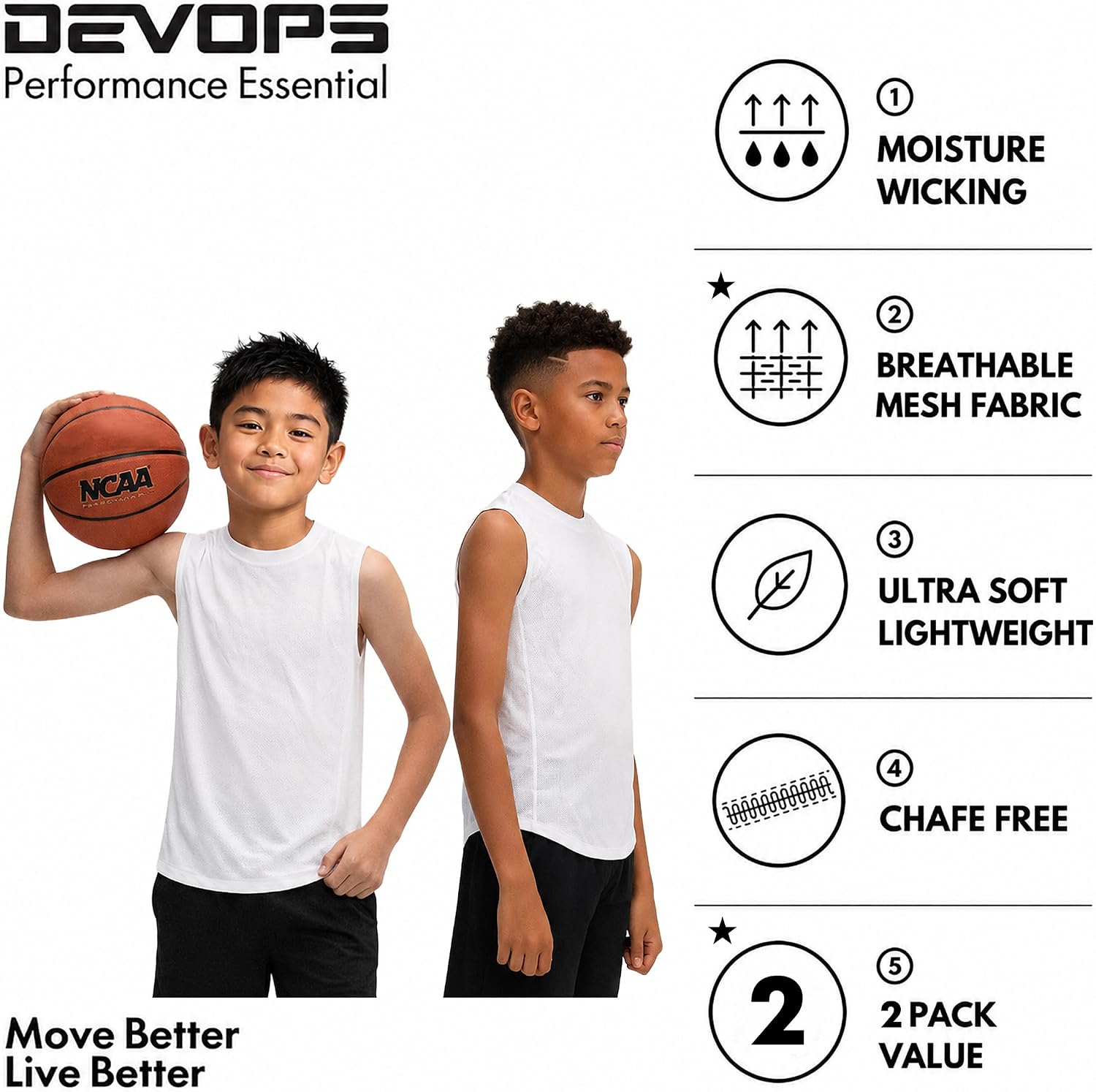 DEVOPS 2 Pack Boys Athletic Tank Tops Breathable Mesh Sleeveless Shirts