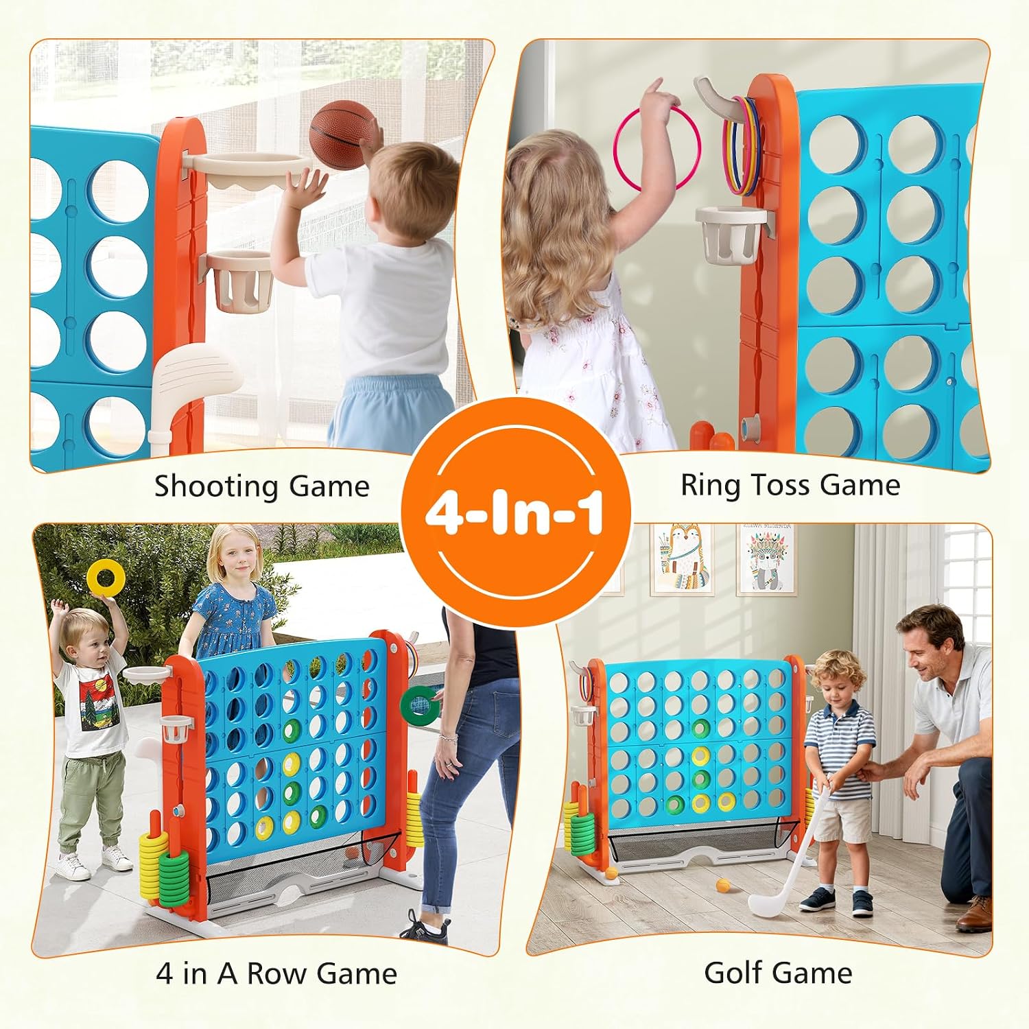 COSTWAY Giant 4 in A Row Connect Game Set, Height Adjust 4-to-Score Game with Mesh, Golf, Ring Toss Sets, Basketball & Cup Holders, Indoor Outdoor Yard Party Game for Kids Adults, Family (Blue)