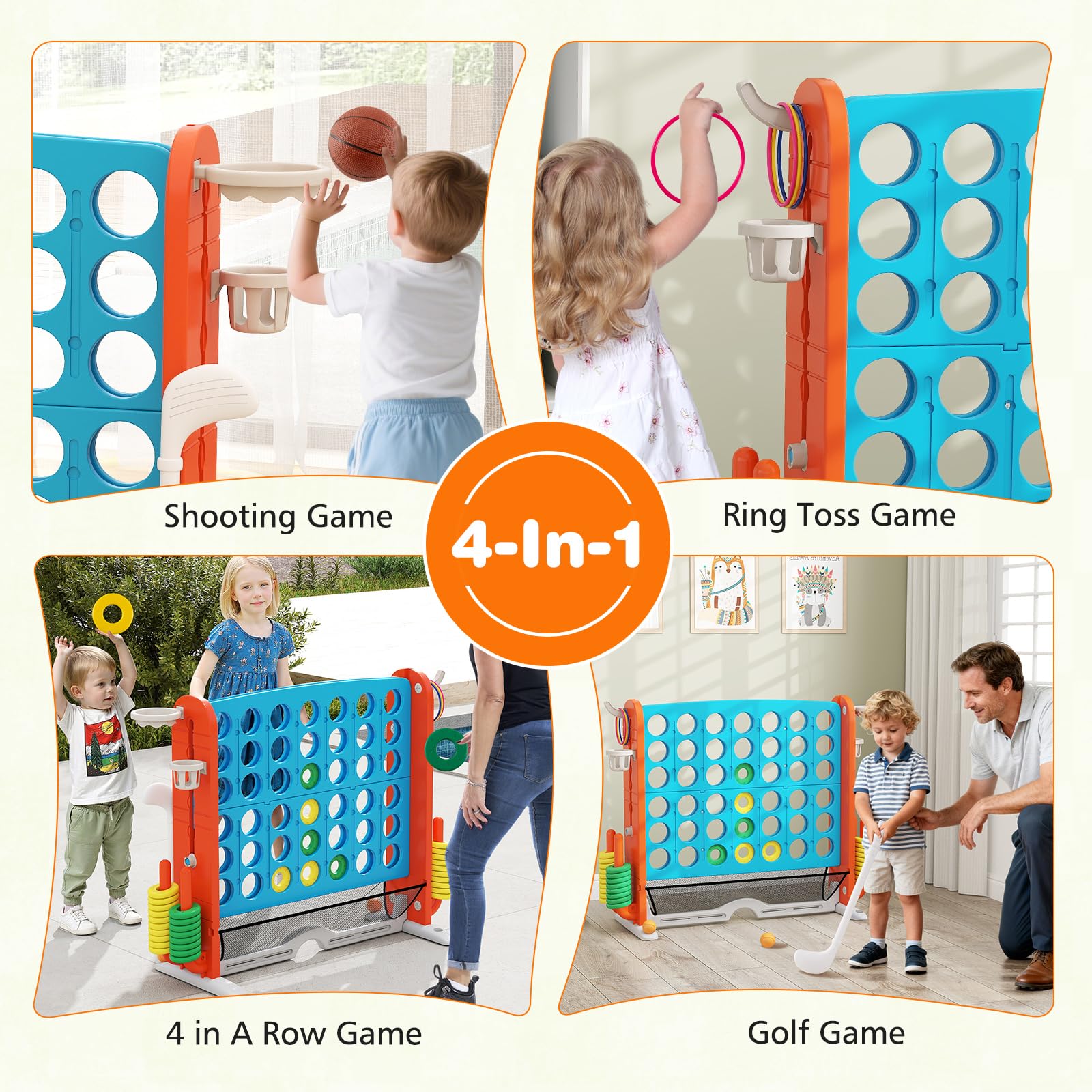 FANTASK 4 en 1 Juego Gigante de Cuatro Ganancias, XXL, con Tiro, Canasta de Baloncesto y Juego de Golf, Juego de jardín con Soporte para Bebidas, Bolsillo de Red y Bolsa de Transporte, para niños y