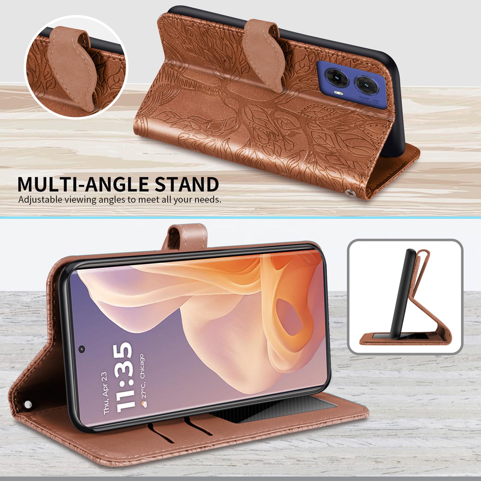 Rostsant Mobile Phone Case for Motorola Moto G85 - Embossed Tree PU Leather Flip Case Wallet Case Cover - Brown - Image 3
