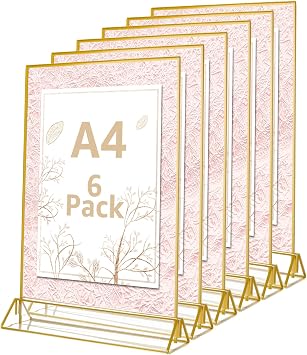 YAYODS 6 Pack A4 Acrylic Sign Holder, Double Sided A4 Display Stands with Gold Borders, Poster Menu Holders Stand for Tables, Perspex Display Stands for Office Restaurant Wedding