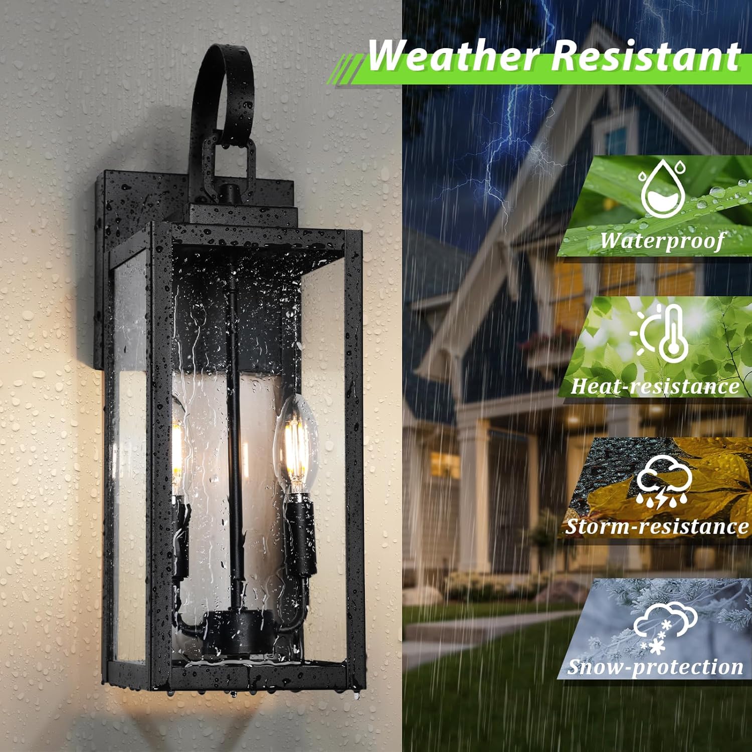 BesLowe outdoor wall light fixture shown with icons indicating waterproof, heat-resistance, storm-resistance, and snow-protection features.