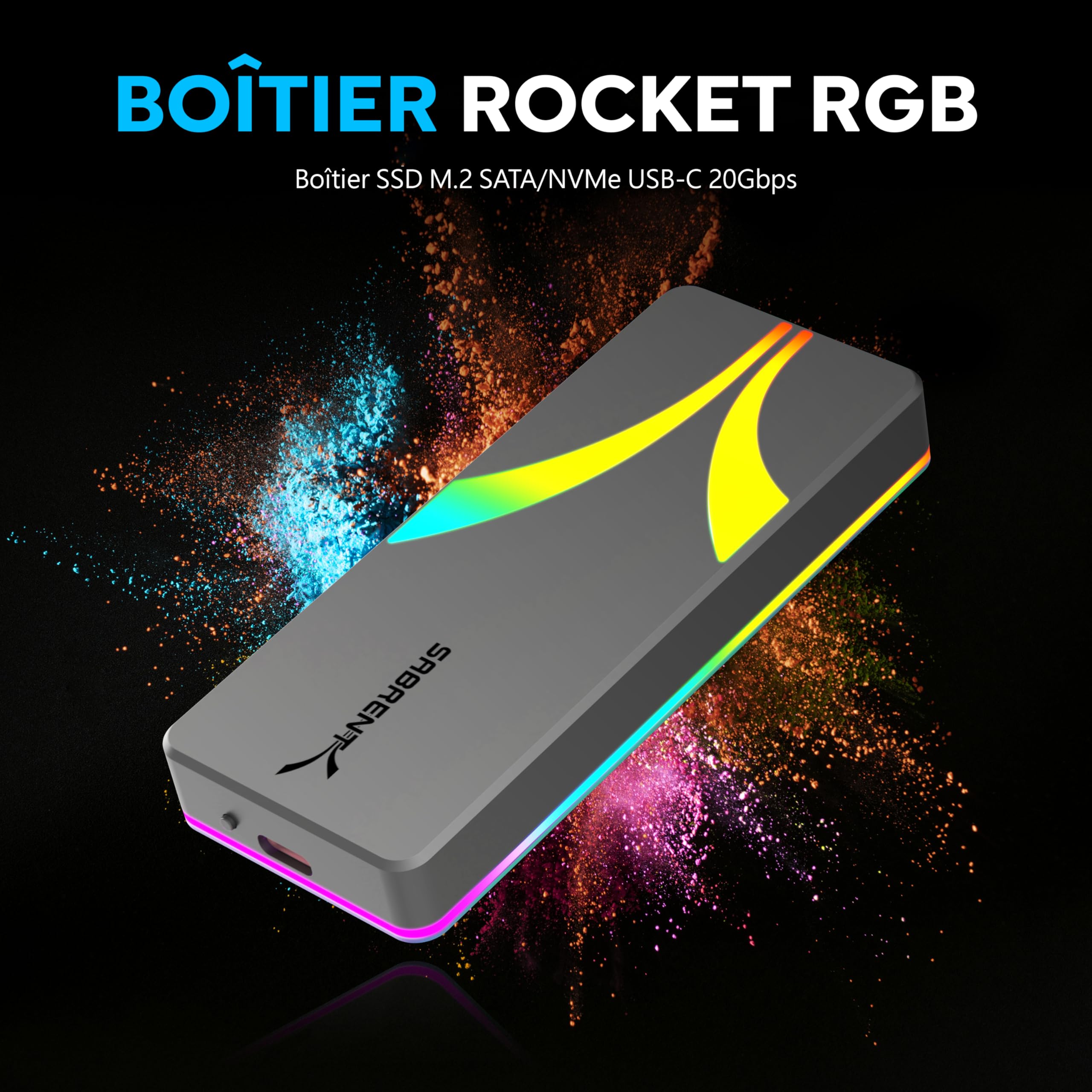 SABRENT Boitier SSD NVMe M.2, Adaptateur SSD M2 USB C 20Gbps USB 3.2 Gen2x2, Boitier NVMe Externe en Aluminium Durable pour PCIe, M.2 SATA, M Key/M+B Key 2230/2242/2260/2280 (EC-RGBG)