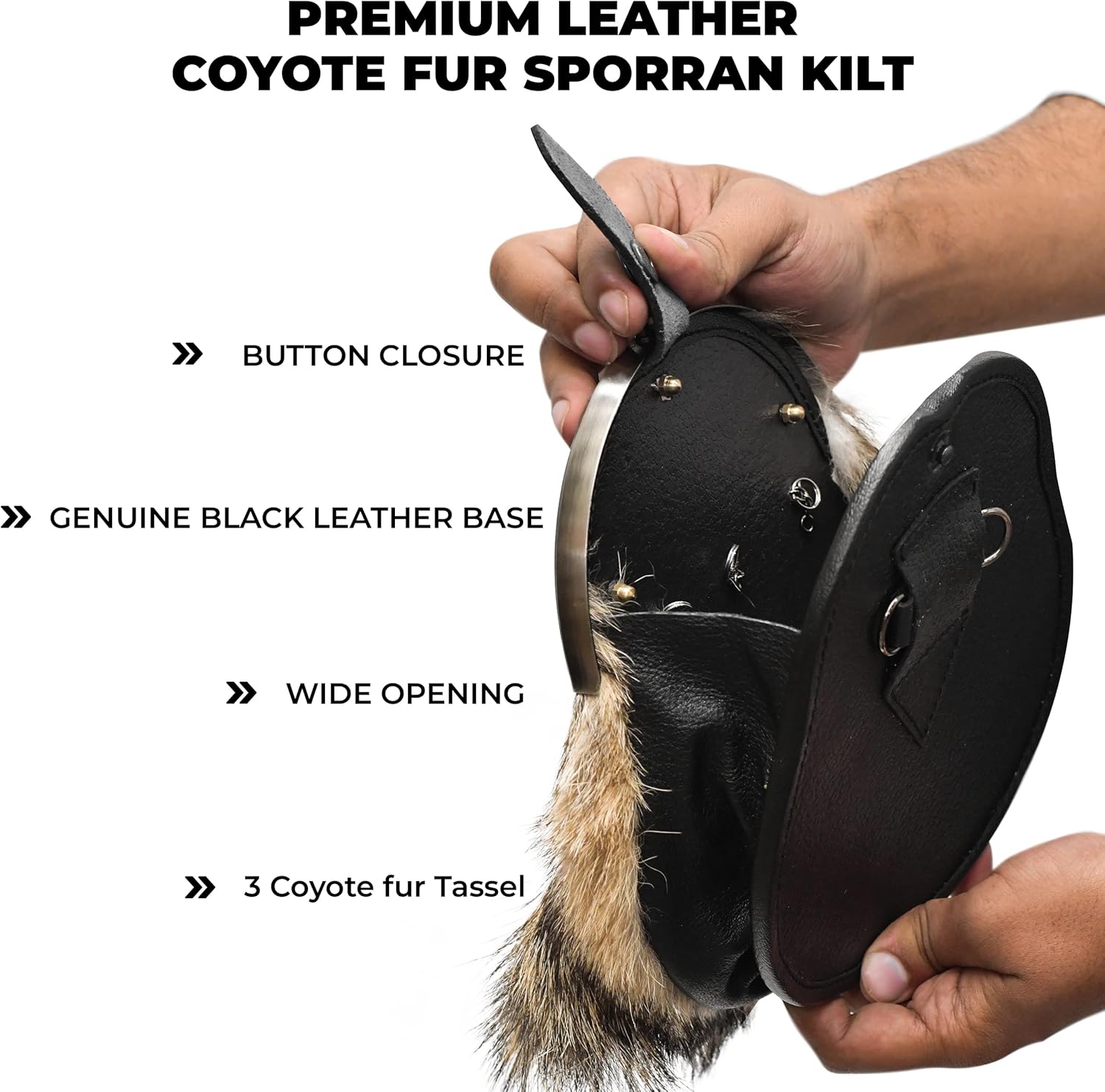 Sporran Kilt for Men Premium Coyote Fur Full Dress Scottish kilt Sporrans for men with Chain Belt Kilt Accessories (Thistle Coyote fur)