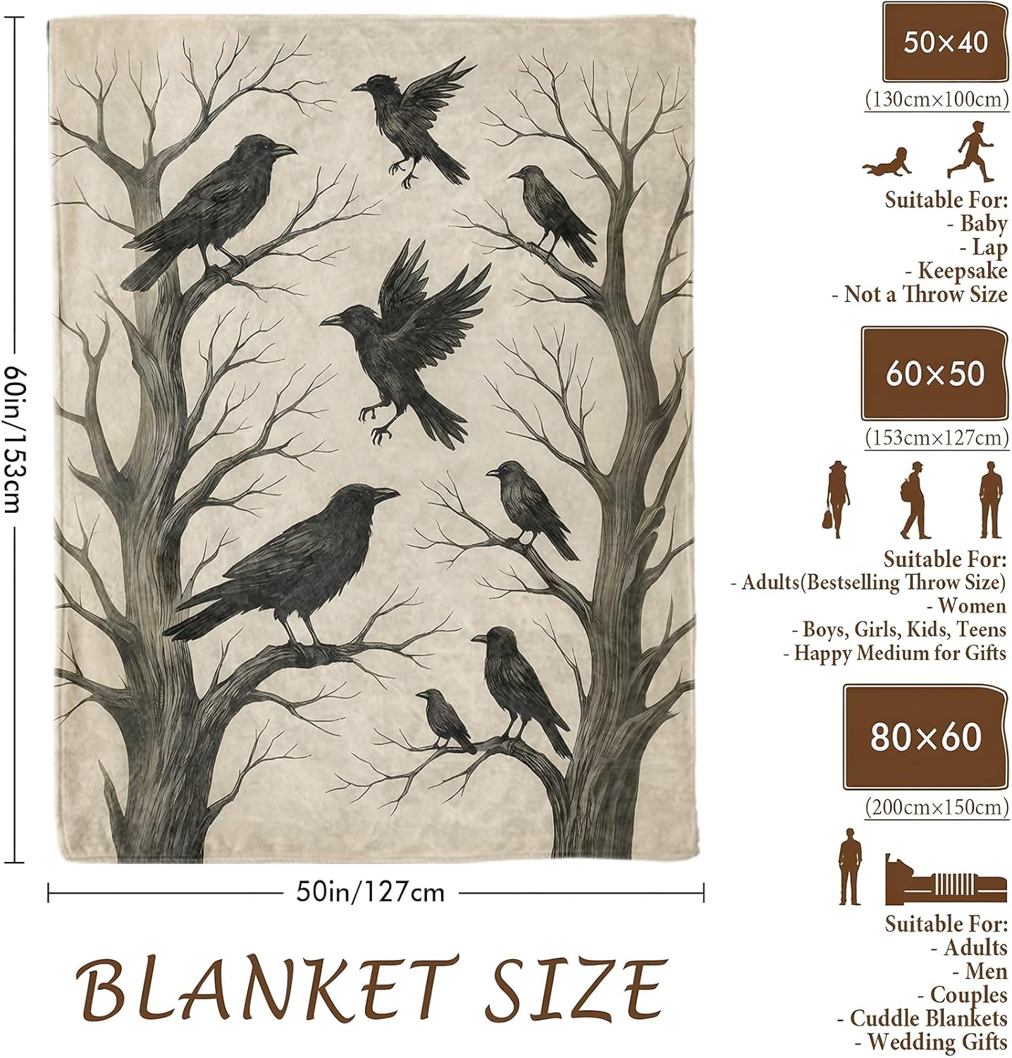 Gothic Crow Raven Blanket, Flannel Blankets Gifts for Boys Girls Adults, Warm Cozy Soft Fuzzy Throw for Couch, Bed, Room Decor 50x60 in - Image 3