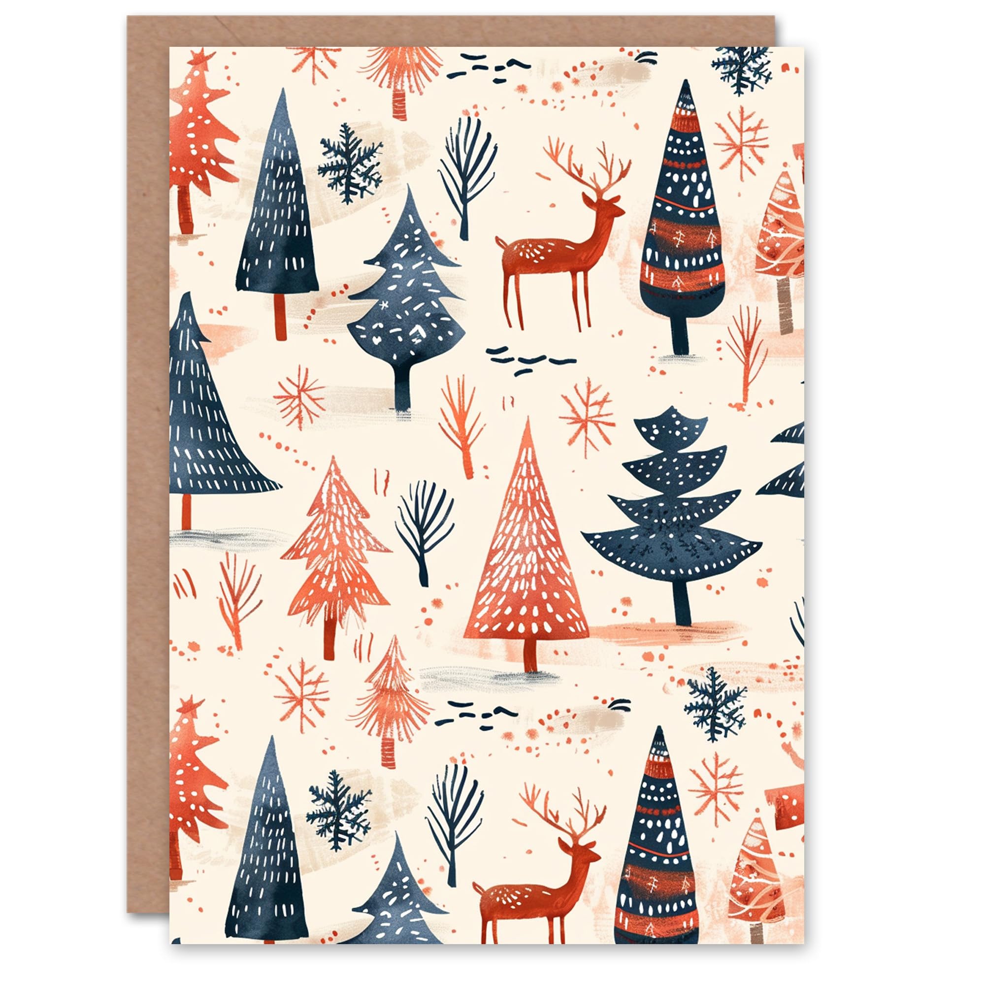 Artery8 Winter Forest Trees Reindeer Snow Folk Blank For Him Or Her Art Xmas Festive Christmas Card