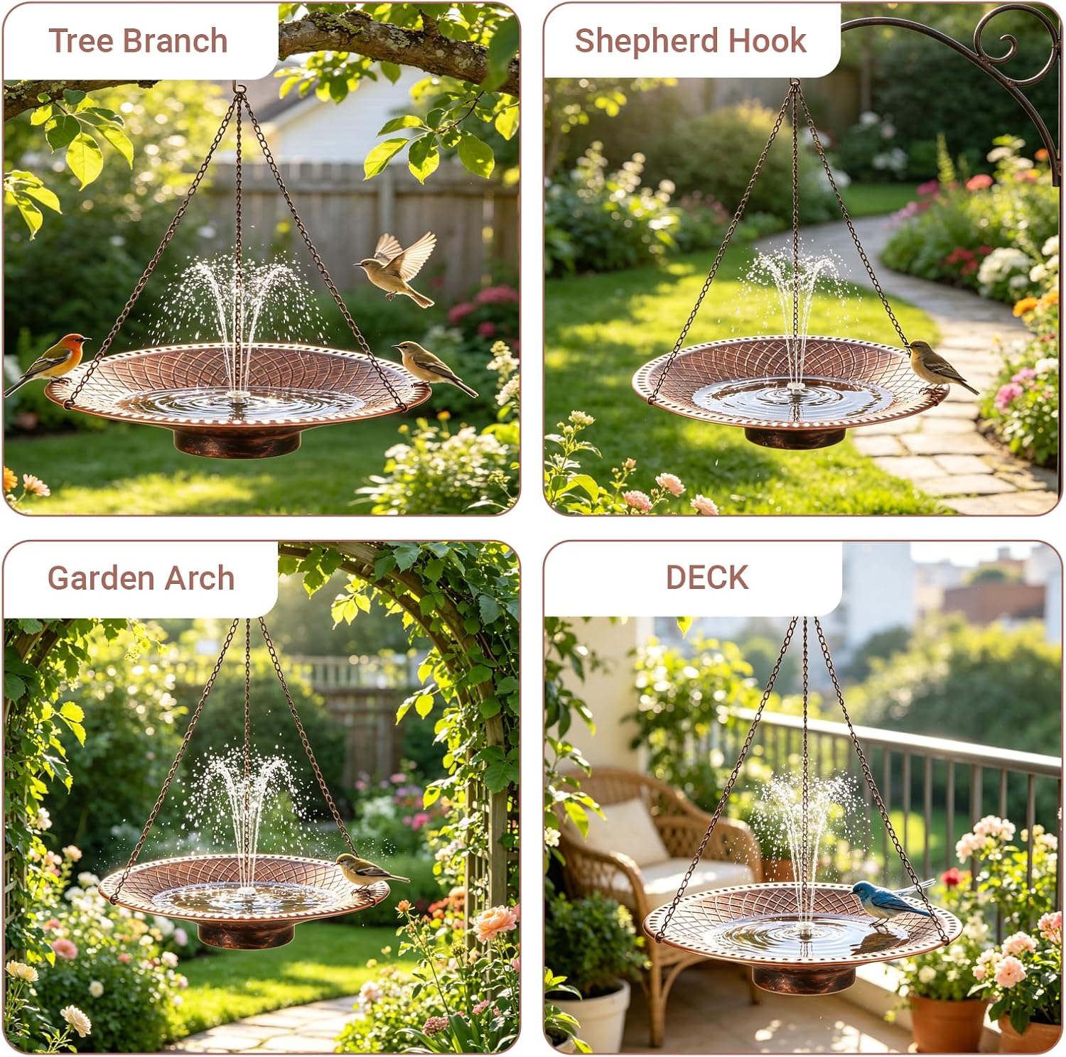 19.6" Large Bird Bath with Solar Fountain, LED & Battery Hanging Birdbath | Upgraded Solar Powered Bird Bath Fountain with Lights & Storage Battery, Bird Baths for Outdoors, Yard, Lawn, Garden (Brown)