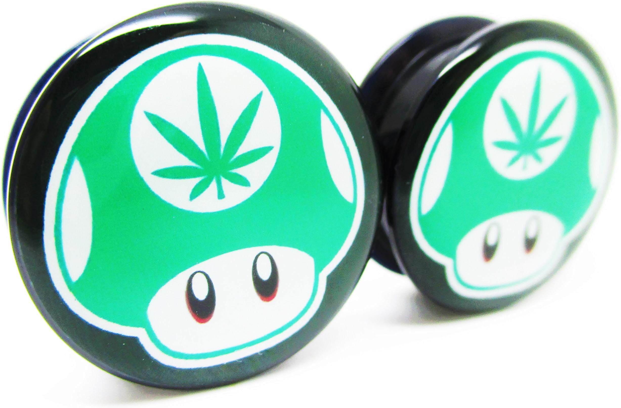 Green 1-Up Mushroom Pot Leaf Ear Plugs - Acrylic Screw-On - 10 Sizes Pair*