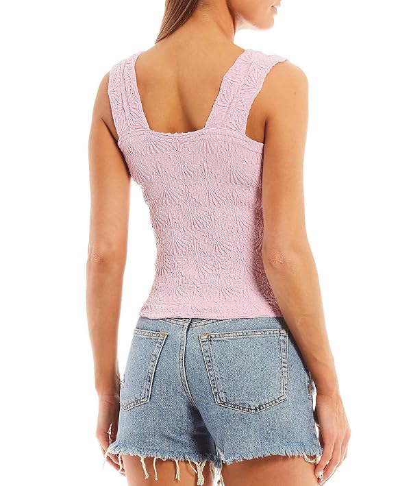 Women's Square Neck Wide Strap Crop Tank Tops Flower Embroidery Going Out Tops Slim Fit Lettuce Trim Crop Cami Tops Pink, M/L by Niceyoo - Used condition - Image 2